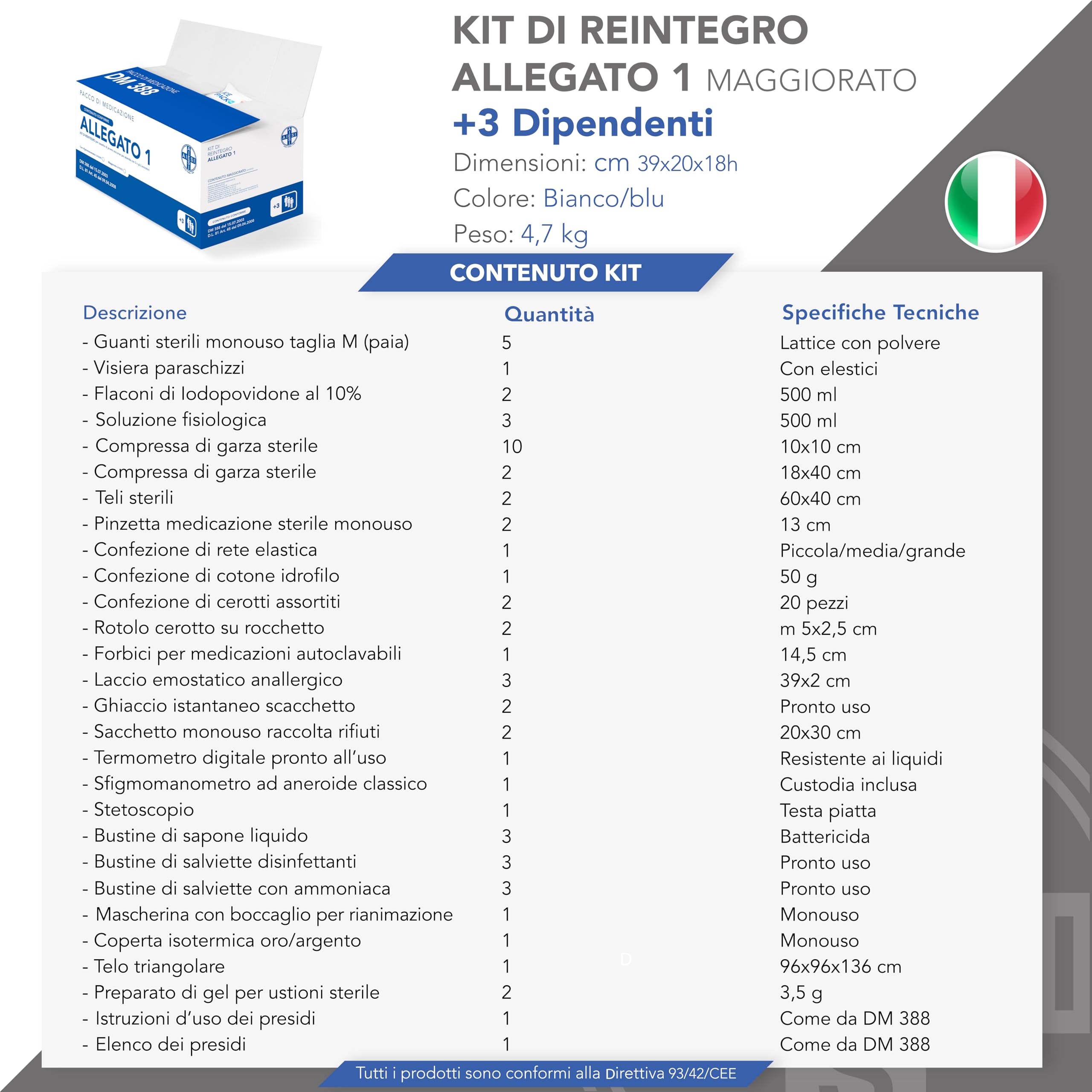 AIESI® kit di reintegro ALLEGATO 1 MAGGIORATO pacco medicazione per cassetta di pronto soccorso aziende più 3 dipendenti, Conforme DM388/DL81, Made in Italy