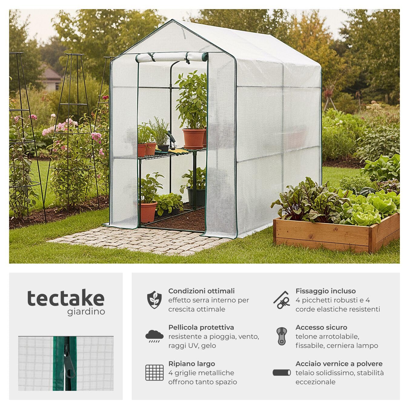 tectake® Serra da Giardino con Telaio in Acciaio, Serra per Orto con 4 Griglie di Appoggio in Metallo, Pellicola Retinata in Propilene, Comoda Porta di Accesso, Resistente ai Raggi UV - Bianco