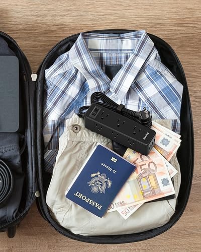 Miniatura 9 de Regleta protectora contra sobretensiones, 9 tomas de corriente ampliamente espaciadas con 3 puertos USB, extensor de 3 salidas laterales con cable