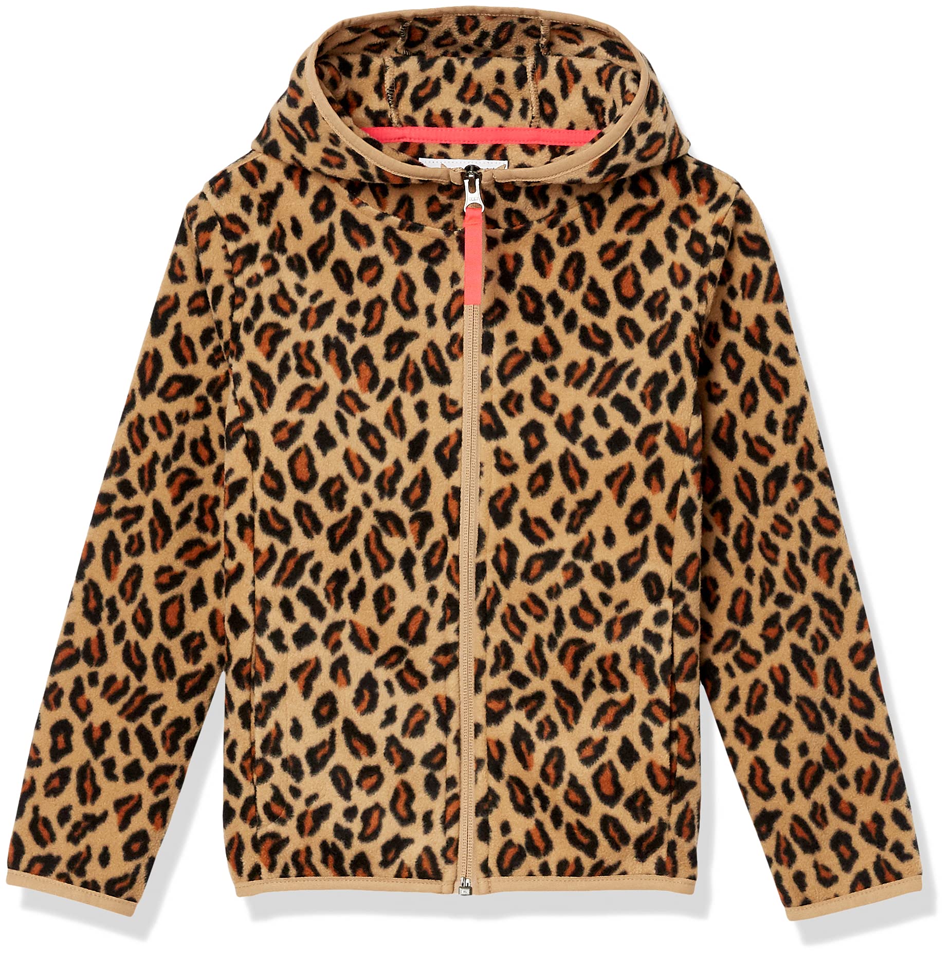 Amazon Essentials Toddler Girls' Polar Fleece Full-Zip Hooded Lightweight Jacket, Insulated, Camel Animal Print, 4T