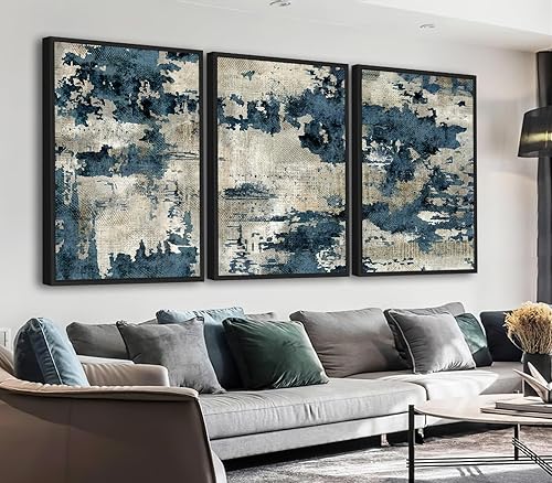 Lienzo abstracto grande para pared, diseño de flotador negro enmarcado, cuadros modernos para sala de estar, obras de arte vintage, azul y beige,