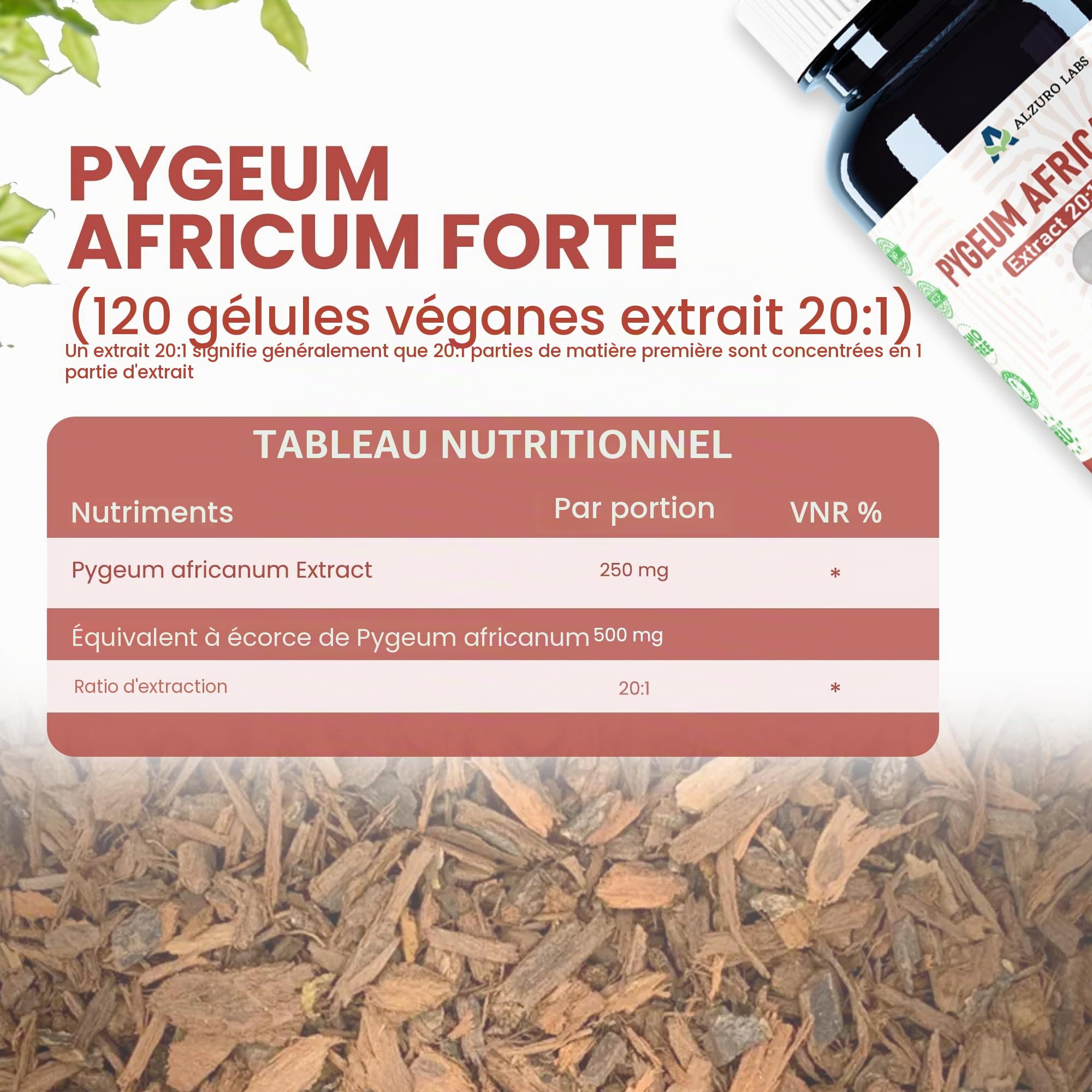 Pygeum africanum | 5.000 mg Équivalent | extrait d'écorce 20:1 250 mg (13% phytostérols) | 120 Gélules Véganes | Réserve 4 Mois | Prunus africana | GMP & Testé en Laboratoire Indépendant