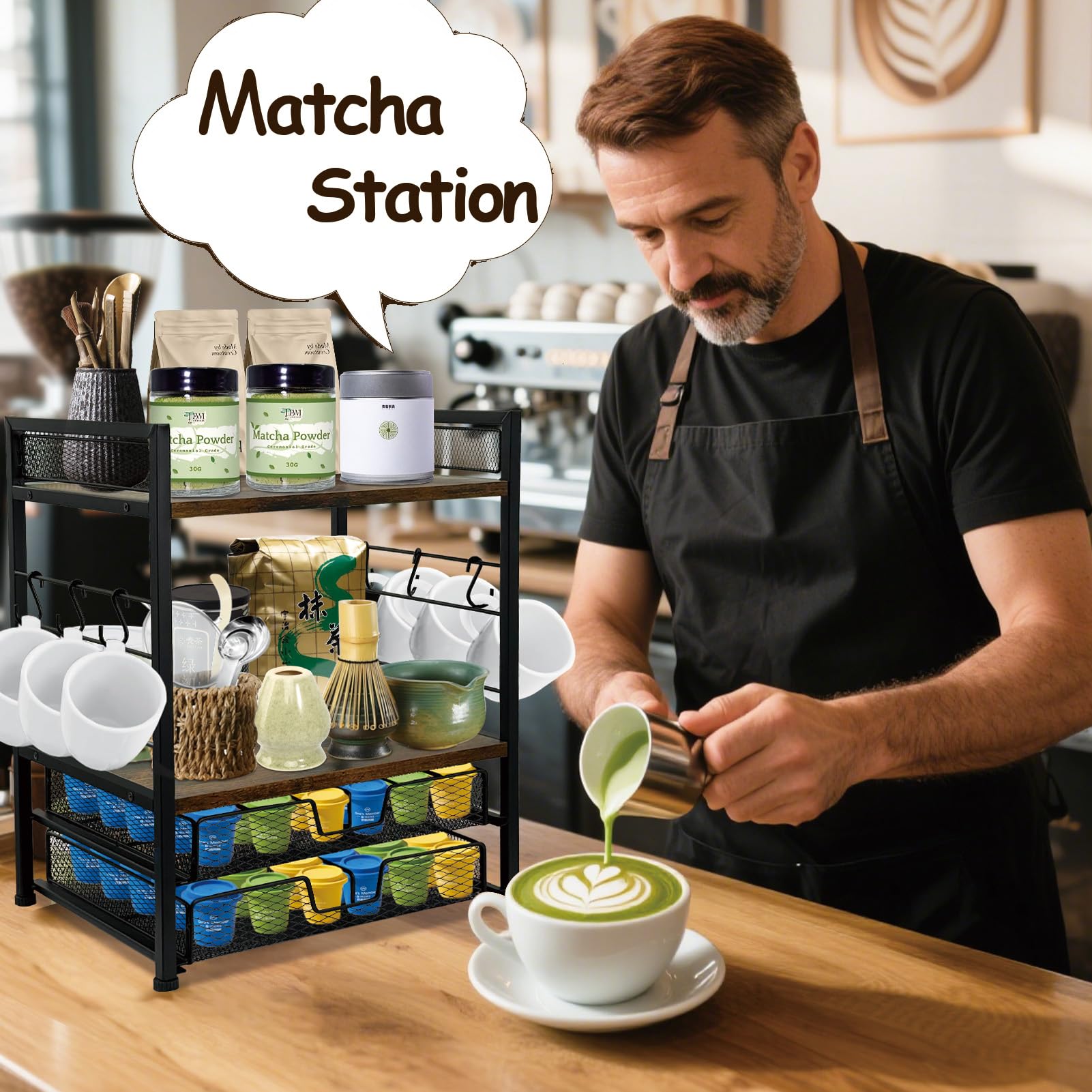 Organizador de estación de café para encimera, organizador de cápsulas de café de 2 niveles con capacidad para hasta 60 K, estación matcha, soporte para tazas con 6 ganchos, estante multifuncional 5