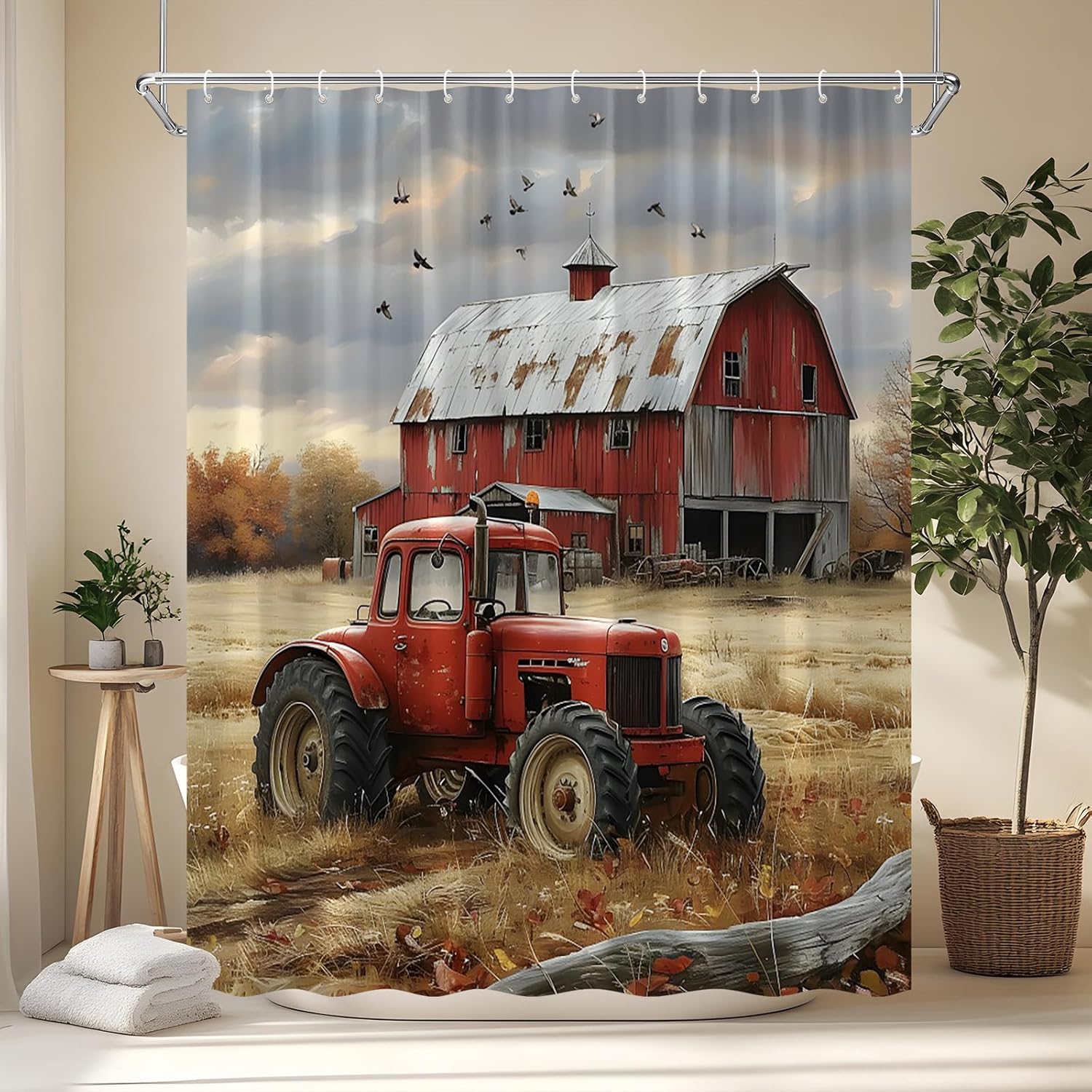 Farmhouse Vintage Truck Shower Curtain Old Tractor Farm Car Red Wooden Barn Tractor Bird Country Nature Scenery Fabric Bathroom Decor Set with Hooks
