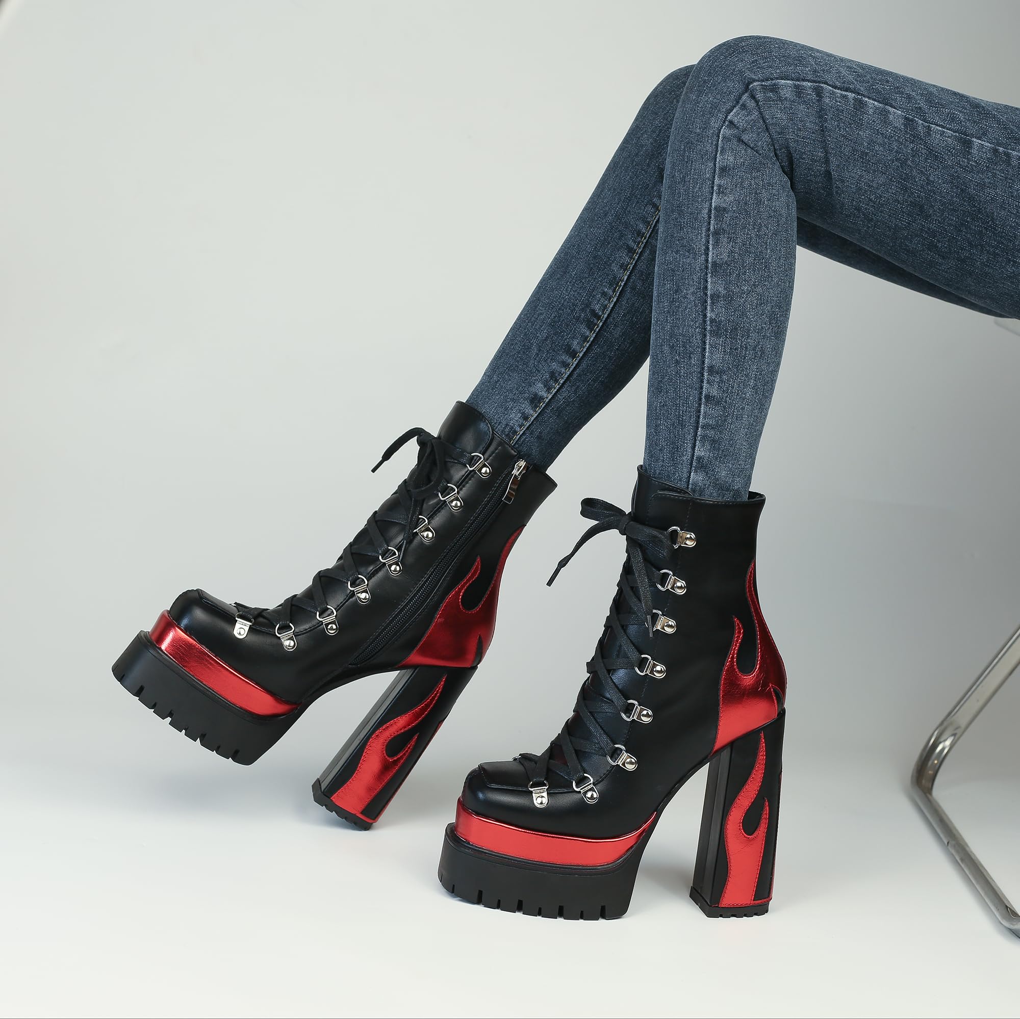 HiColor women’s silver flames printing high-heeled thick-heeled round-headed lace-up boots side zipper shoes: 7 Black-red
