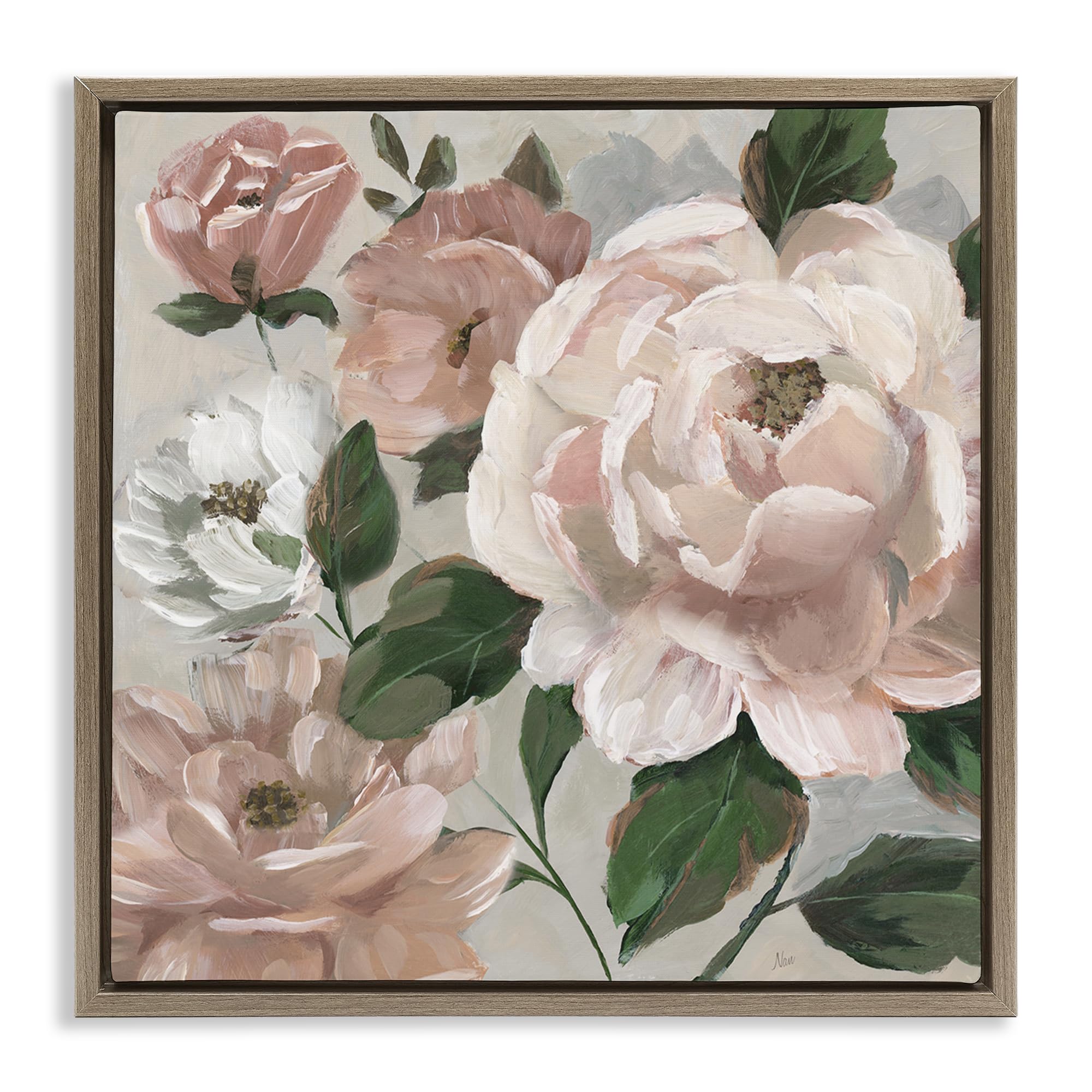 Stupell Industries Delicate Blush Peonies Leaves 'Delicate Blush Peonies With Leaves', Floating Frame Canvas Art, Brown, 18 X 18 Inches, Easy To Hang And Sturdy, Made In Usa, By Nan