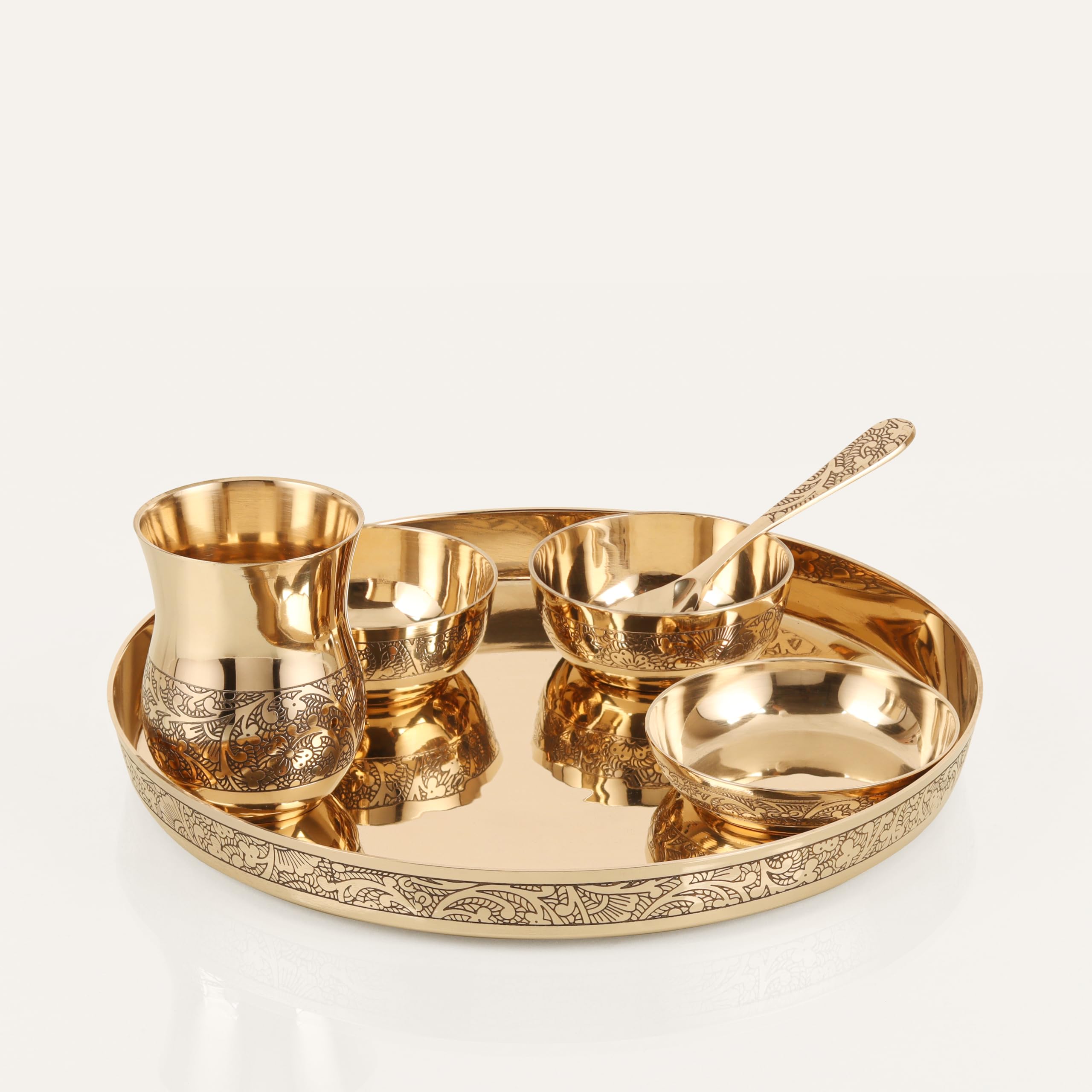 6-Piece Kansa Solid Dinner Set|Matte Finish|1 Plate (11.5" Thali),2 Bowls,1 Glass,1 Sweet Dish Plate,1 Spoon | Bronze Kansa Dinner Set 6 Shine Polish Finish (eaching Design)