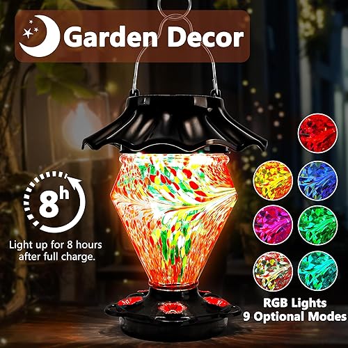 Miniatura 8 de LUJII Alimentador solar para colibríes que cambia de color para colgar en exteriores, depósito de vidrio soplado a mano, 35 onzas líquidas, nunca