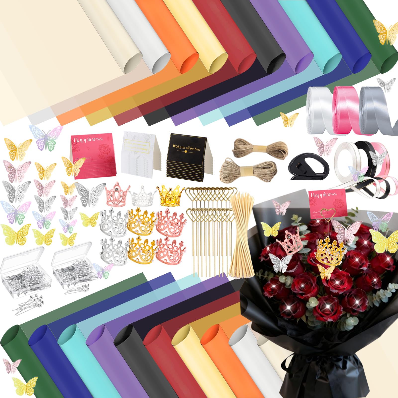 DNSGOOR 548Pcs Flower Wrapping Paper Kit with 200Sheets Waterproof Bouquet Wrapping Paper Decor Crowns 3D Butterfly Bouquet Pins Ribbons for Valentines Graduation Birthday Home Party