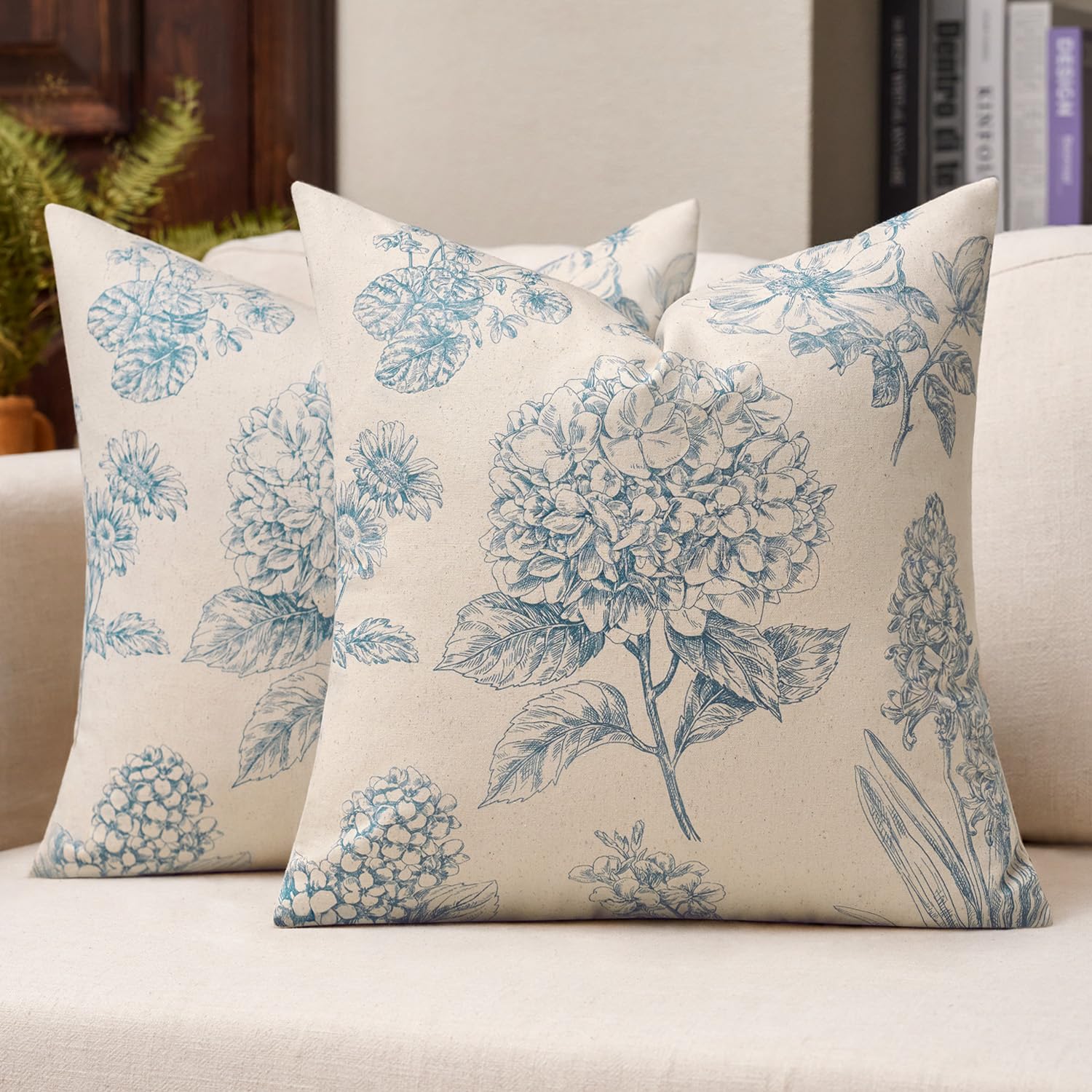 Kevin Textile 100% Cotton Hydrangea Floral Cushion Covers 45x45cm Set of 2, Neutral Boho Throw Pillow Covers for Spring Summer, Vintage Farmhouse Decor for Sofa Couch Bedroom Living Room, Light Blue
