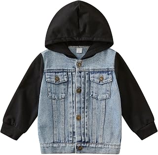 Toddler Kids Baby Boy Girl Denim Jacket Long Sleeve Button Down Hooded Jean Jacket Fall Spring Coat Outerwear