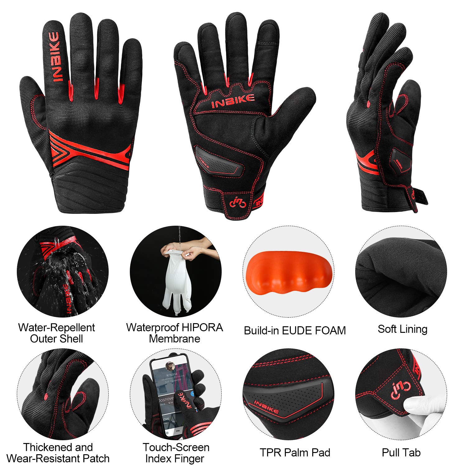 INBIKE Gants de moto d'hiver imperméables en polaire thermique avec rembourrage en TPR pour paume de la main Rouge Taille L
