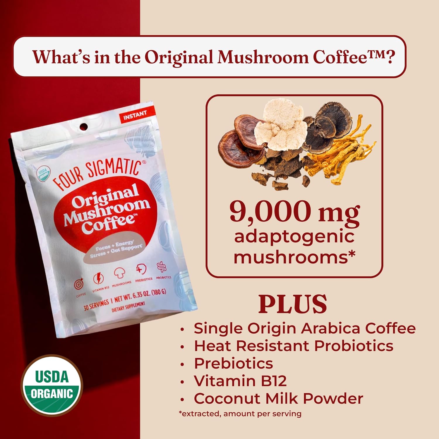 Four Sigmatic Original Mushroom Coffee | High Dose Lion's Mane, Chaga, Turkey Tail, Cordyceps and Reishi | Energy, Focus & Immune Support | 30 Servings