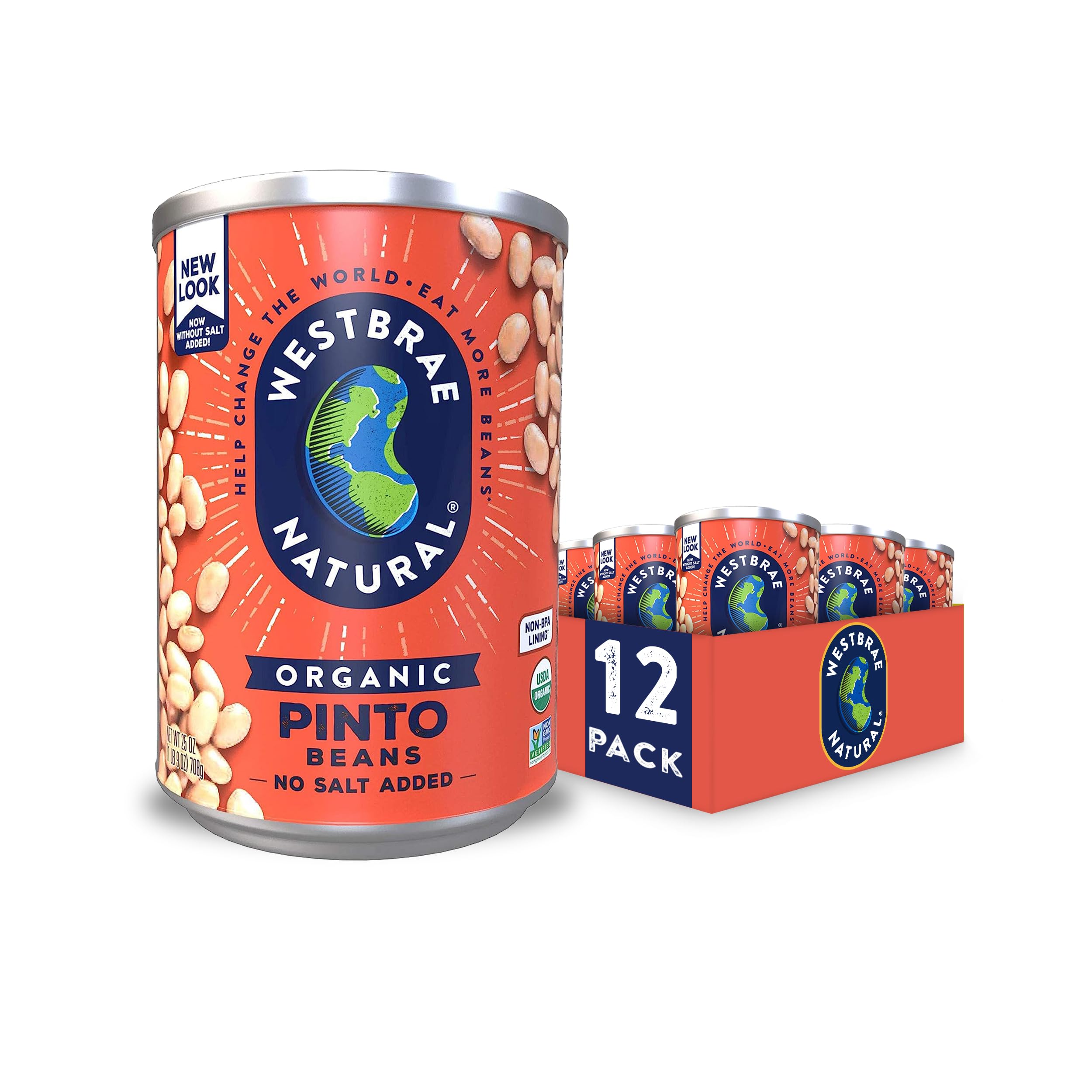 WESTBRAE 25 oz Natural Organic Pinto Beans, No Salt Added, Source of Plant Based Protein and Fiber (Pack of 12)