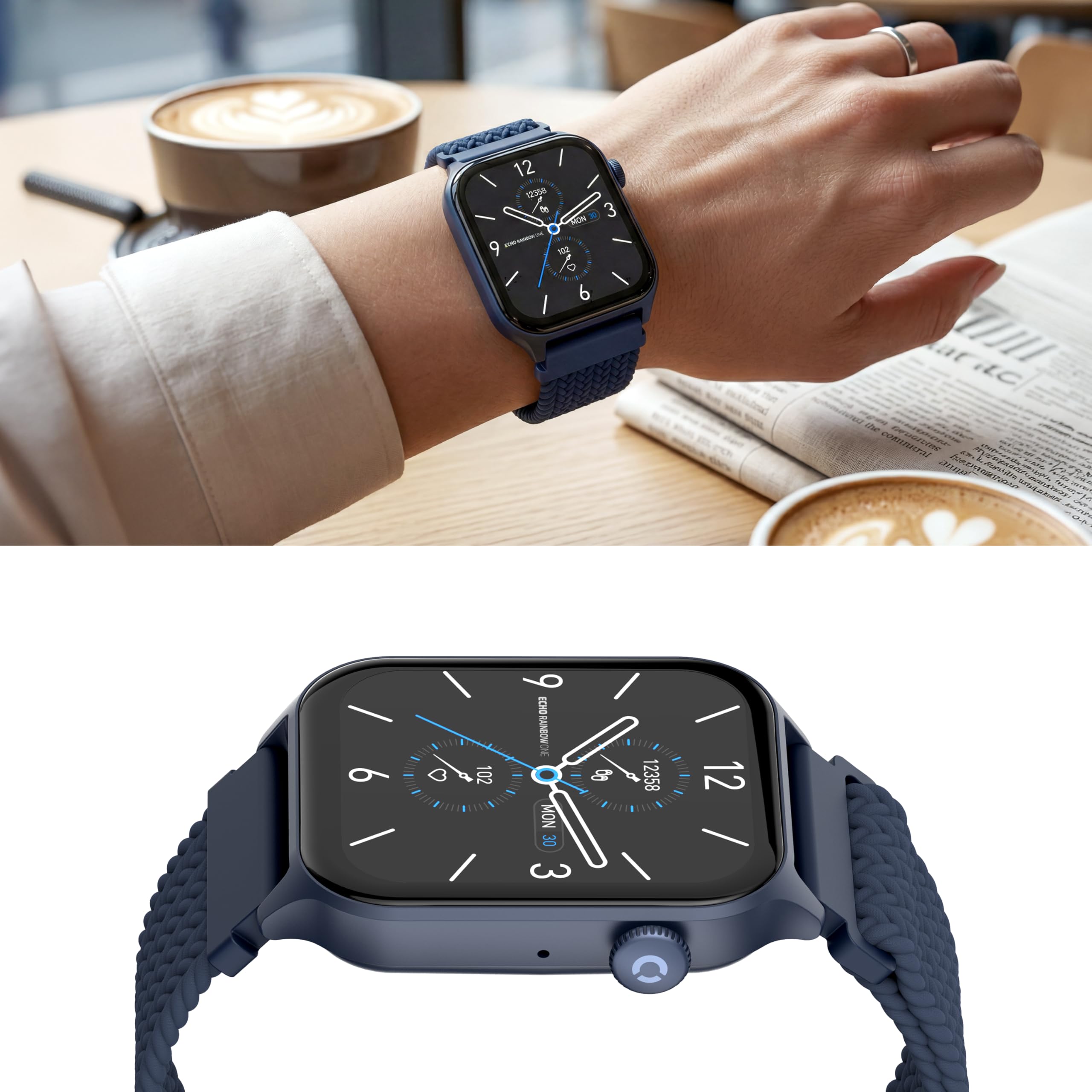 ECHO Rainbow One Mesh Montre Connectée Femme Homme 2.01", Montre Sport Bleu | Bracelet Nylon, Légère, Écran Amoled, Étanche IP68, Autonomie 5 jours, Appel Bluetooth, Android, IOS, Capteurs Santé, Sommeil
