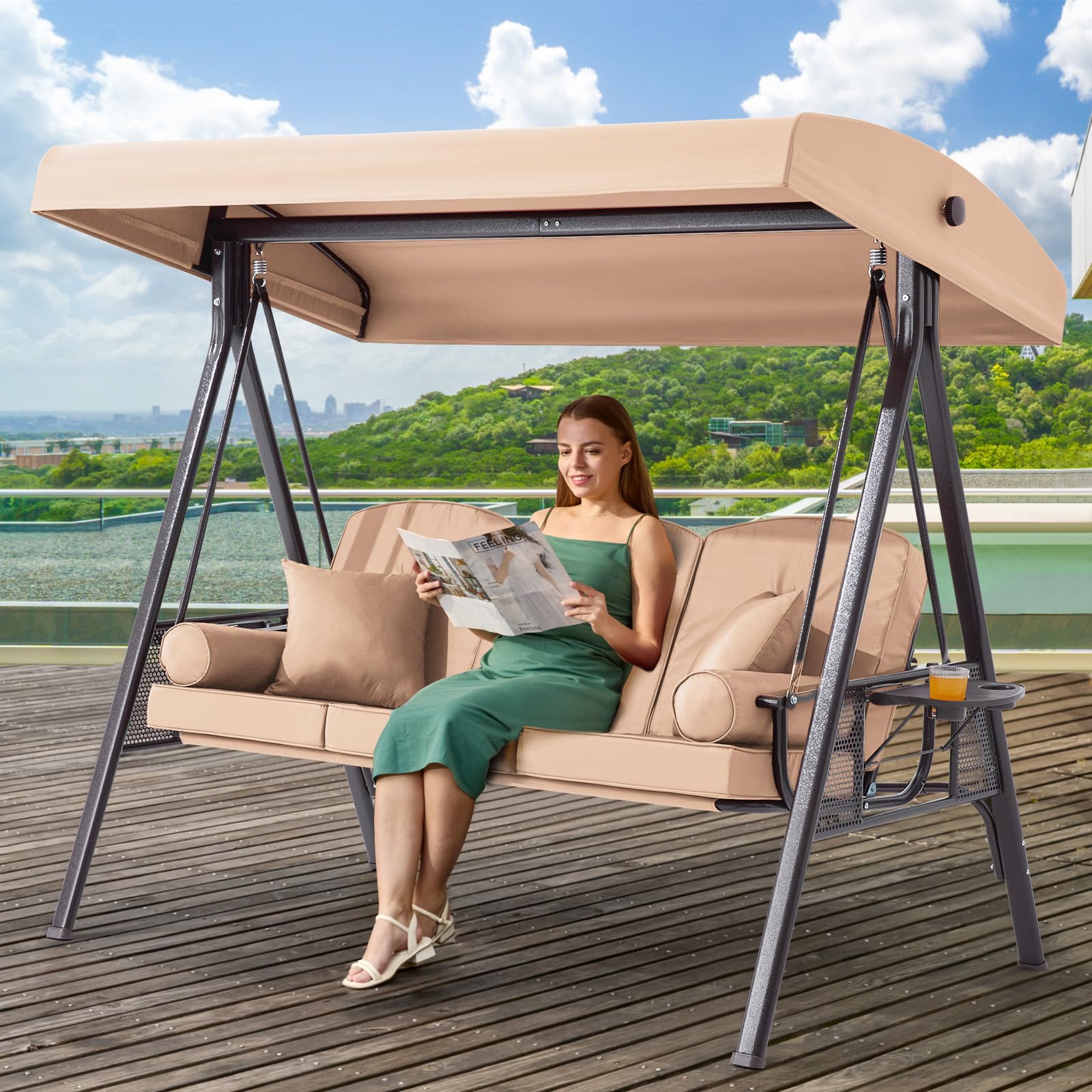 3 Seat Outdoor Patio Porch Swing with Adjustable Canopy, 3 in 1 Swing for Adults, Patio Swing Chair with Thickened Cushions,Pillows &amp; Cup Holders for Backyard, Porch, Garden (Khaki)