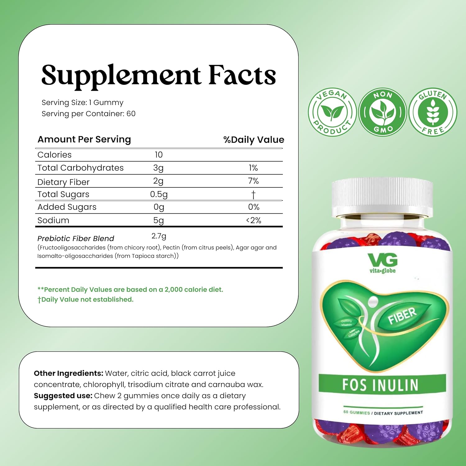 VITA GLOBE Prebiotic Fiber Gummies – with FOS Inulin, Sugar-Free Daily Supplement | Supports Digestive Health, Gut Balance & Regularity | Vegan, Non-GMO Chewable Fiber Gummies – 60 Count (Pack of 1) - Image 2
