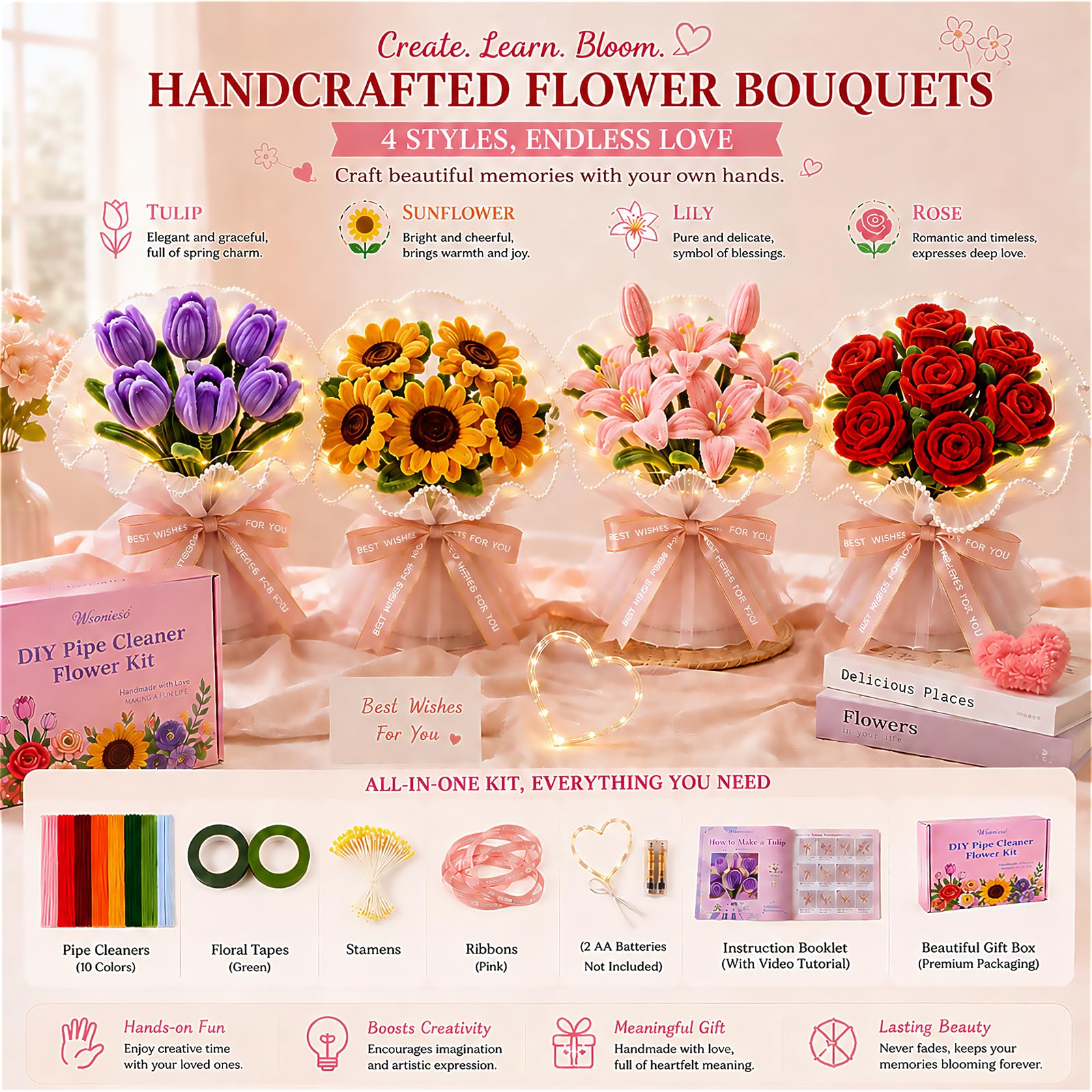 Wsomeso 600 Stück Regenbogen-Pfeifenreiniger-Blumen-Set mit LED-Lichterkette, Chenille-Stiele für Pfeifenreiniger, Bastelanleitung, Videos, Pastell-Pfeifenreiniger, Großpackung zum Basteln für