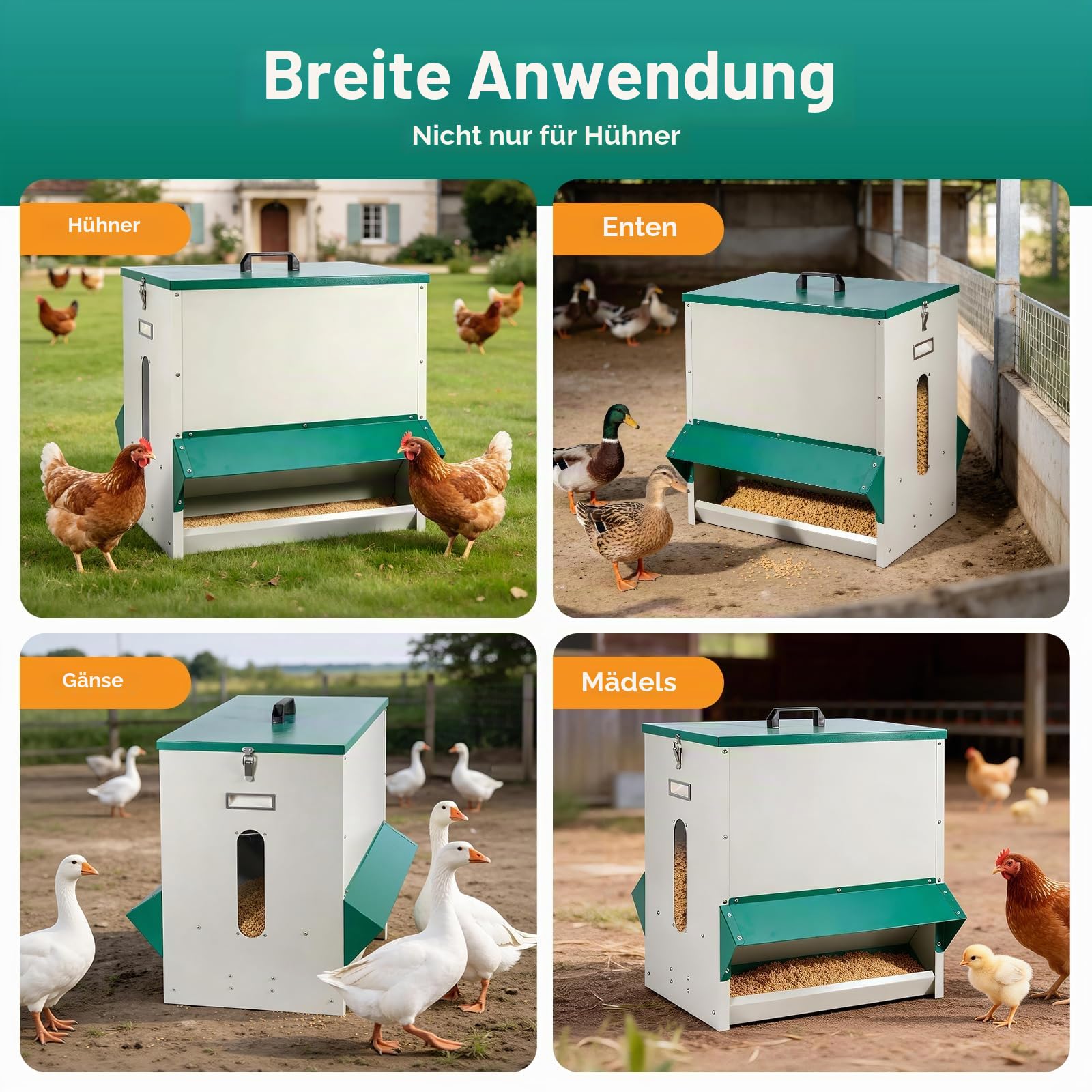 22kg Automatischer Futterautomat HüHner Futtertrog, HüHnerfutter Automat Metall GeflüGelfüTterer, Futterspender mit Deckel SchwerkraftfüTterer füR HüHner Enten GeflüGel GäNse(DunkelgrüN)