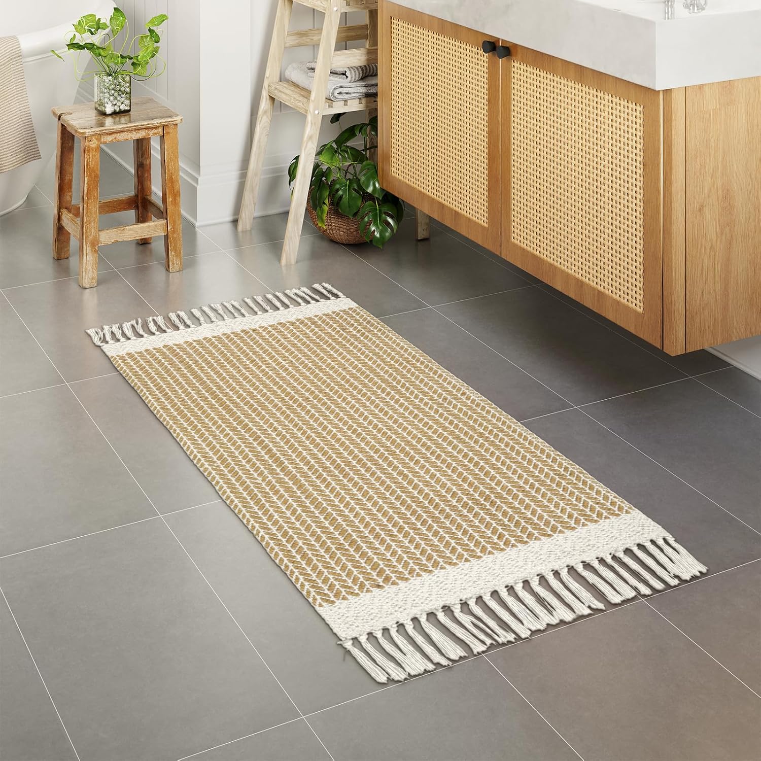 Lahome Belle Boho Kitchen Runner, 2x4.3 Bathroom Runner Rug Lightweight Entryway Rugs Woven Cotton Throw Mat with Tassels, Farmhouse Non Shedding Washable Low Pile Runners for Bedroom Doorway, Khaki