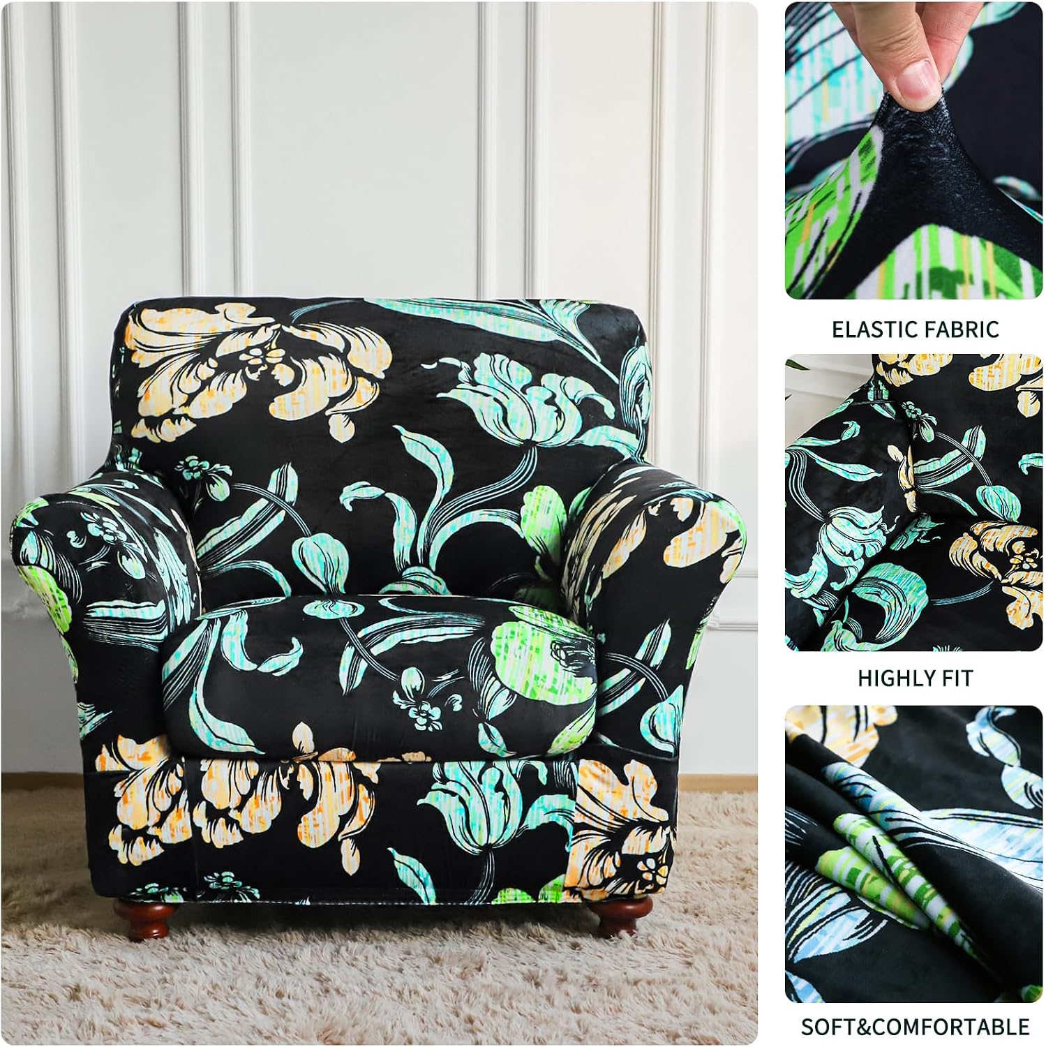 2 Piece Armchair Slipcover with 1 Separate Chair Cushion Cover Velvet Black Floral Single Couch Covers for Chair Sofa Washable