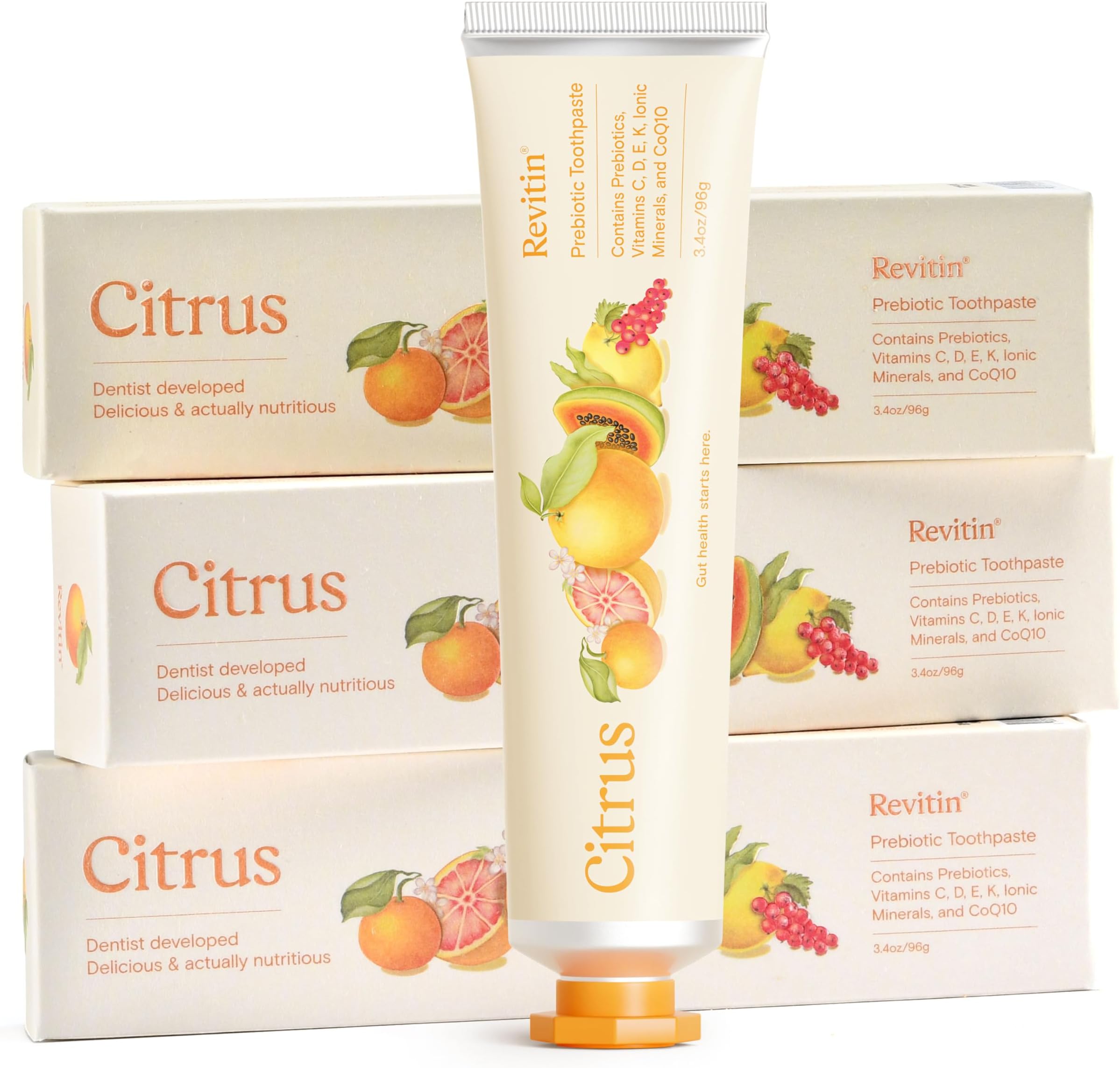 Revitin Toothpaste | Fluoride-Free Prebiotic Citrus Tooth Gel | No SLS, Gluten Free, Dye Free, GMO Free, No Sweeteners | Non-Toxic, Kid Approved, Pack of 3