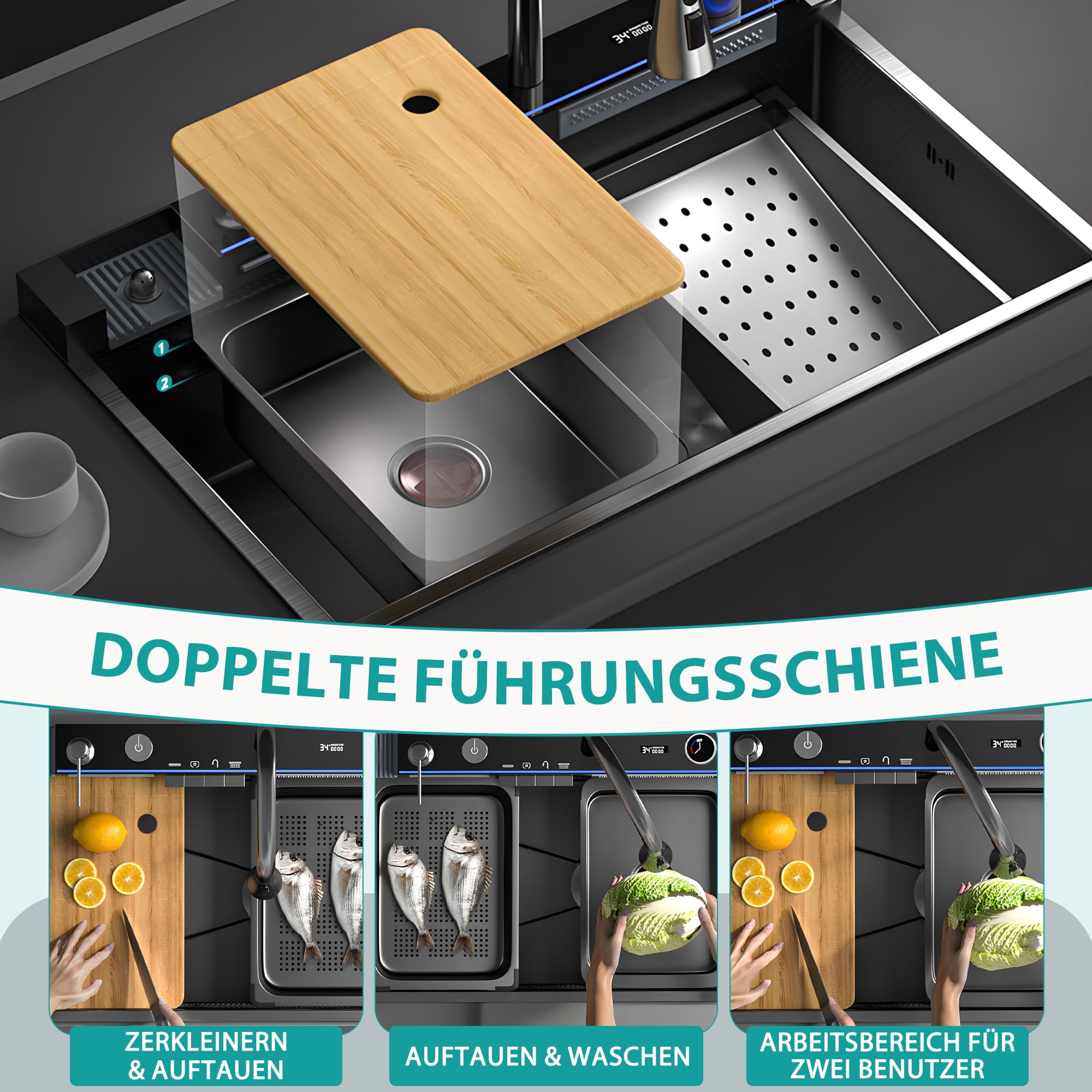 Edelstahl Spülbecken, 80 x 45 cm Küchenspüle, mit LED-Anzeige, Großvolumige Einzelwanne, Ausziehbarer Wasserfall-Wasserhahn, Überlaufvorrichtung und Ablaufgarnitur Sowie Diverses Zubehör.