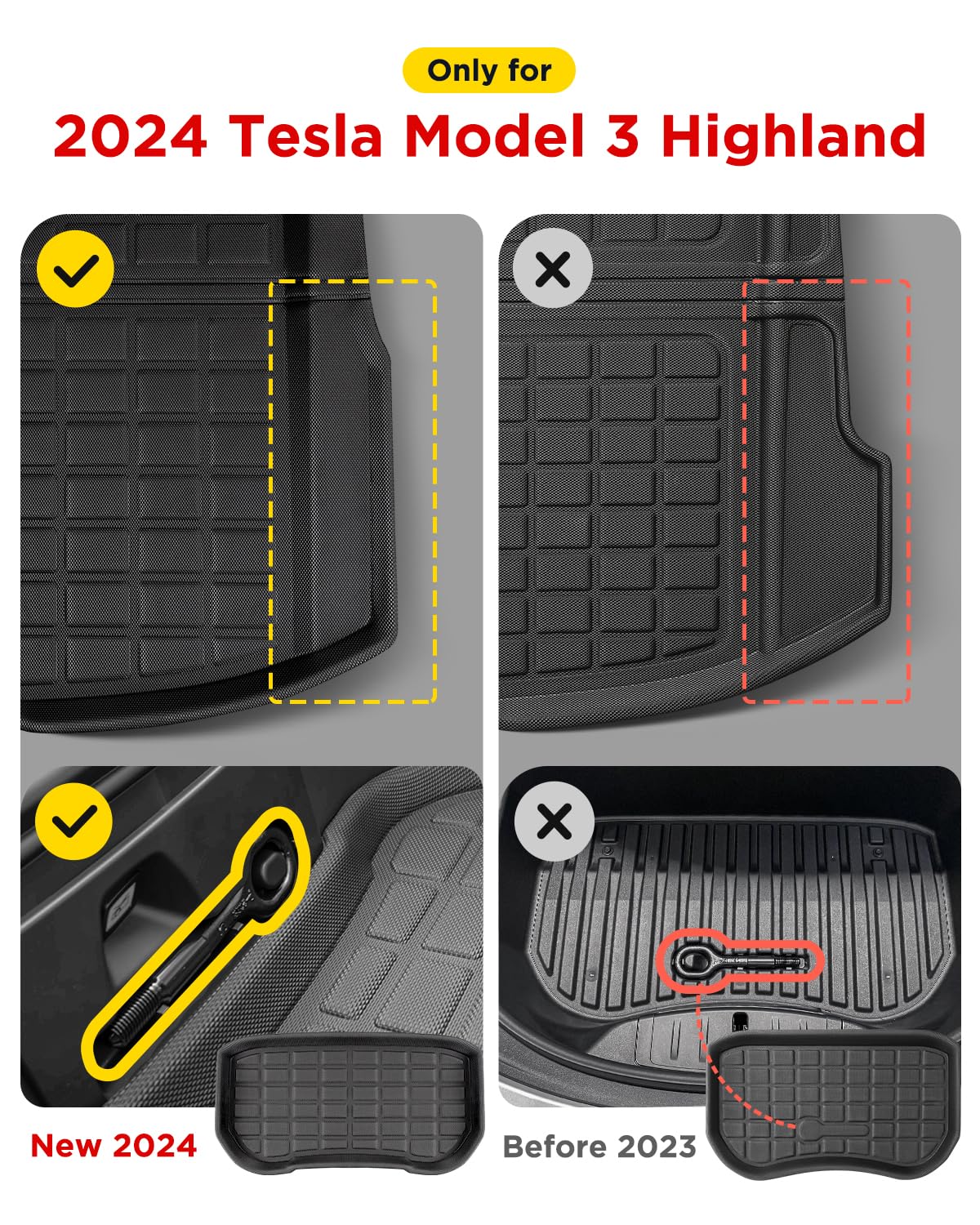 TAPTES 6 Stück Fußmatten für Tesla Model 3 2024-2026, Allwetter Kofferraummatten, Zubehör für Tesla 3 Highland