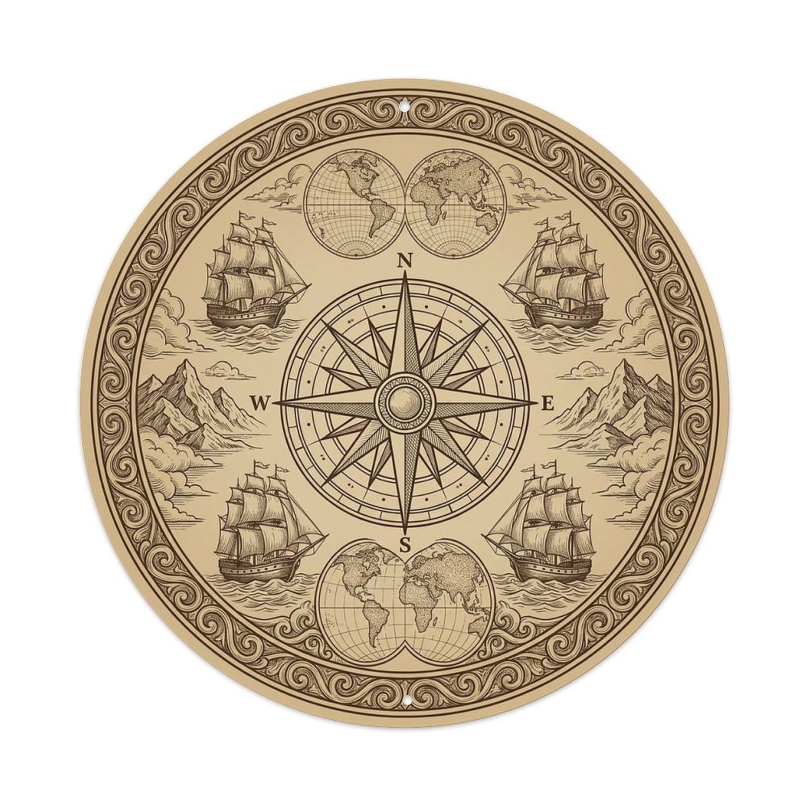 Vintage Nautical Compass World Map Inlet Legacy Metal Tin Sign