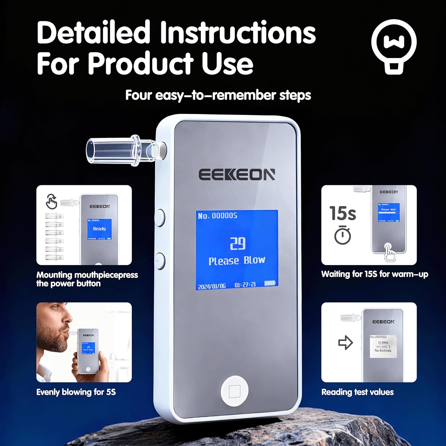 Ketone Meter, Professional Ketosis Breath Analyzer, Accurate Breath Keto Monitor with Type-C Charging and Data Tracking for Ketogenic Lifestyle and Health Management, Includes 10 Mouthpieces (Grey)