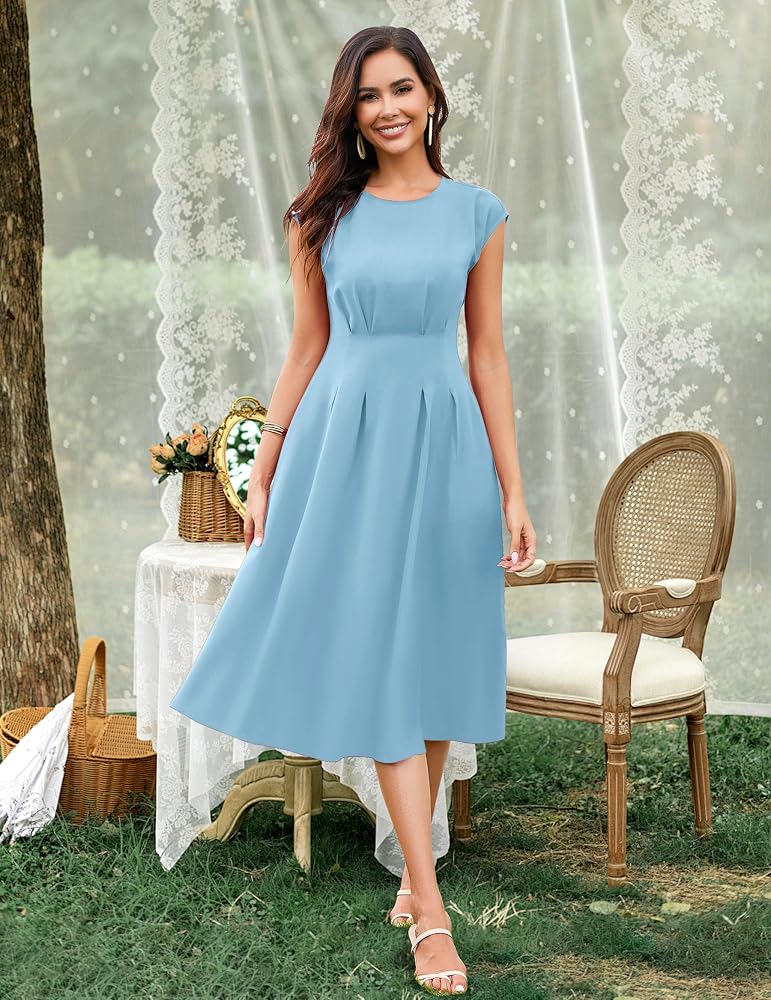 Wedtrend Audrey Hepburn Dress for Women 1940s Vintage Tea Length Dresses Women Fit and Flare Retro Dress Retro Cocktail A Line O Neck Cap Sleeve Dresses with Pockets RWTP30012 LightBlue XS