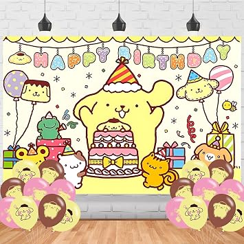 Pompompurinn Birthday Decorations,Cartoon Dog Backdrops for Party Decorations Supplies,Anime Happy Birthday Banner Backdrop for Party Supplies 5x3ft