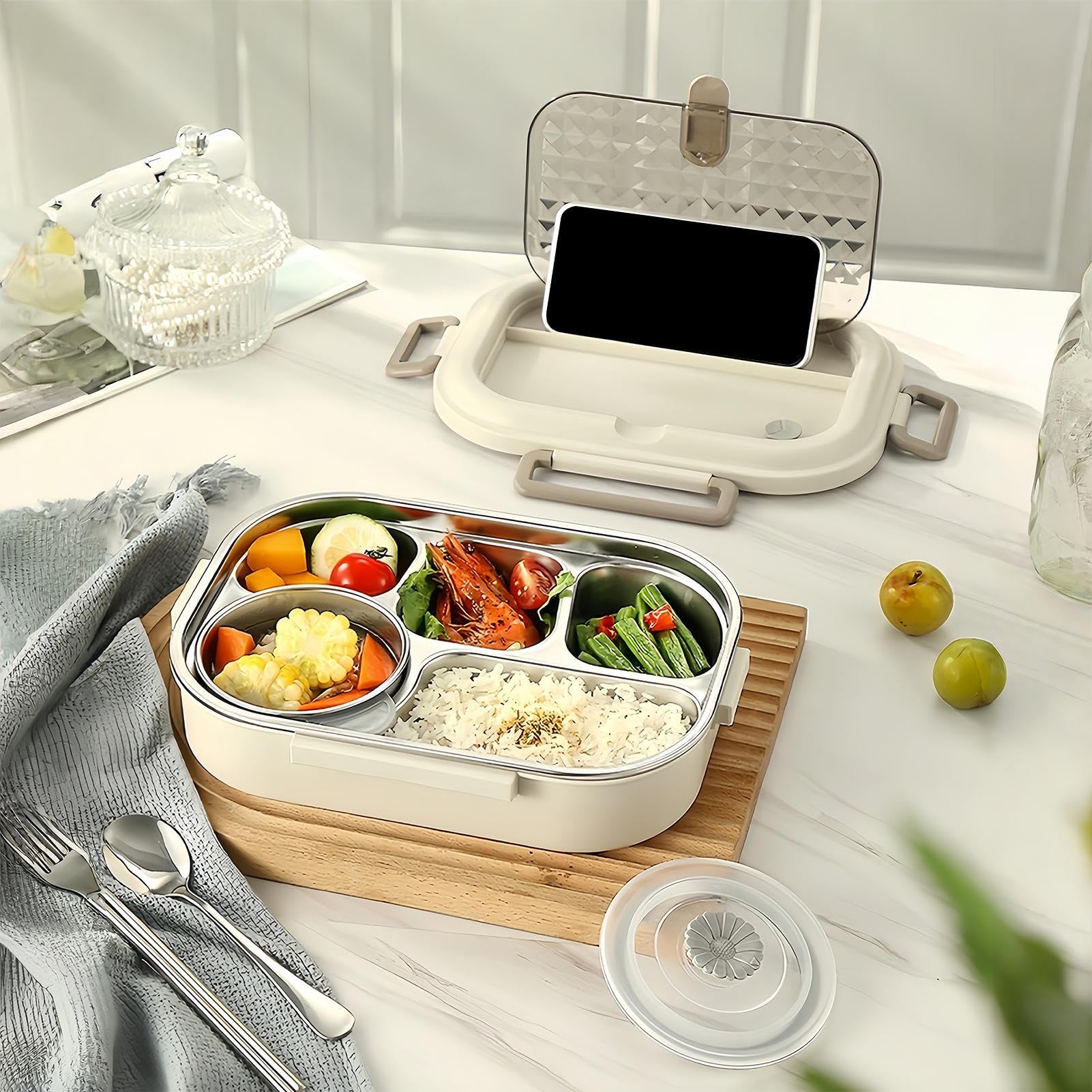 Boîte à déjeuner isotherme en acier inoxydable avec 4 compartiments, construction renforcée anti-fuite, système professionnel de préparation des aliments, accessoires scolaires avec style moderne