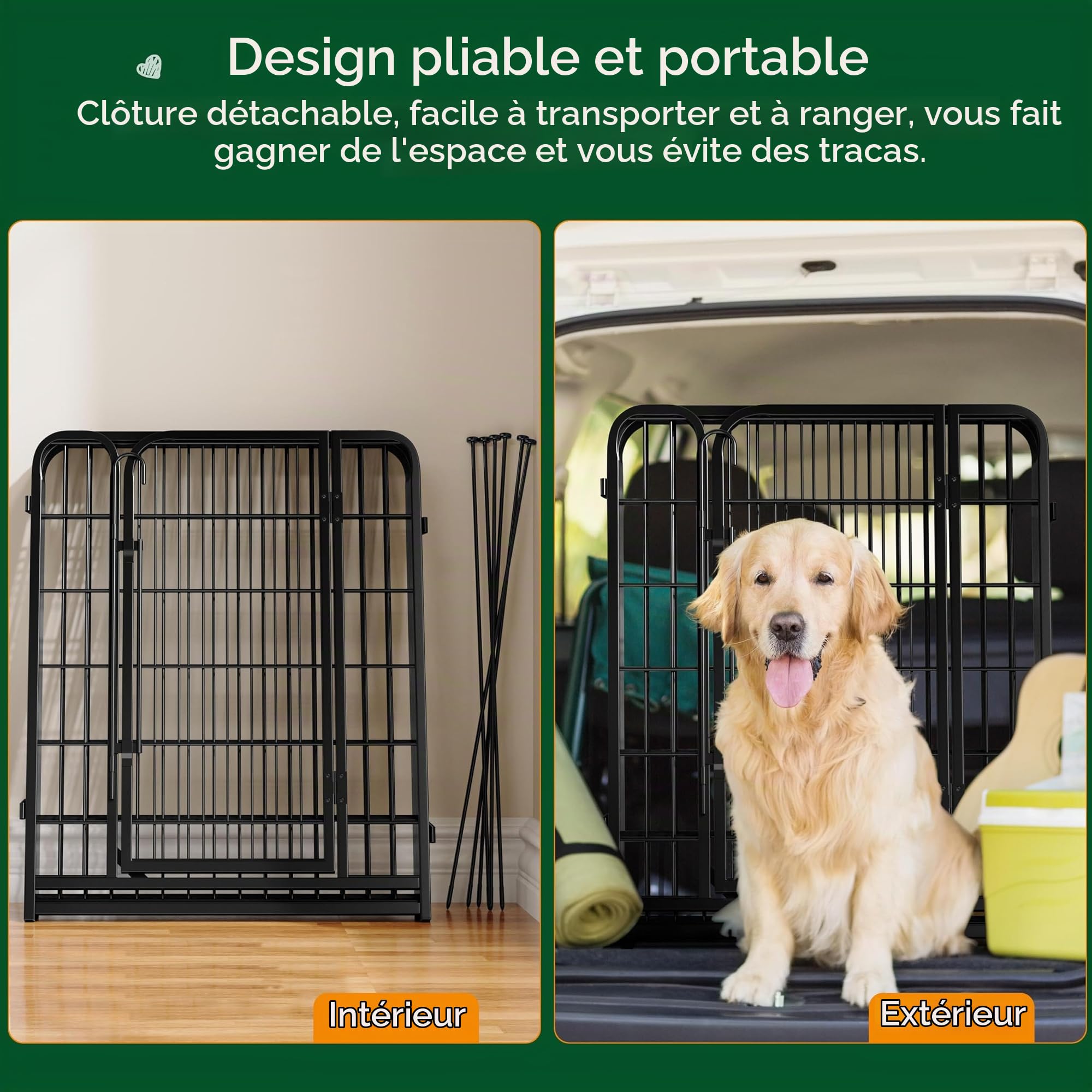 Abician Enclos Chiens Chiot Clôture Chenil en Métal 6 Panneaux 65x80 cm | Parc Chien Pliant Lapin Canard Rongeur Cage pour chien Exterieur avec piquets à Sommet Ovale et Plat intérieur/extérieur Noir