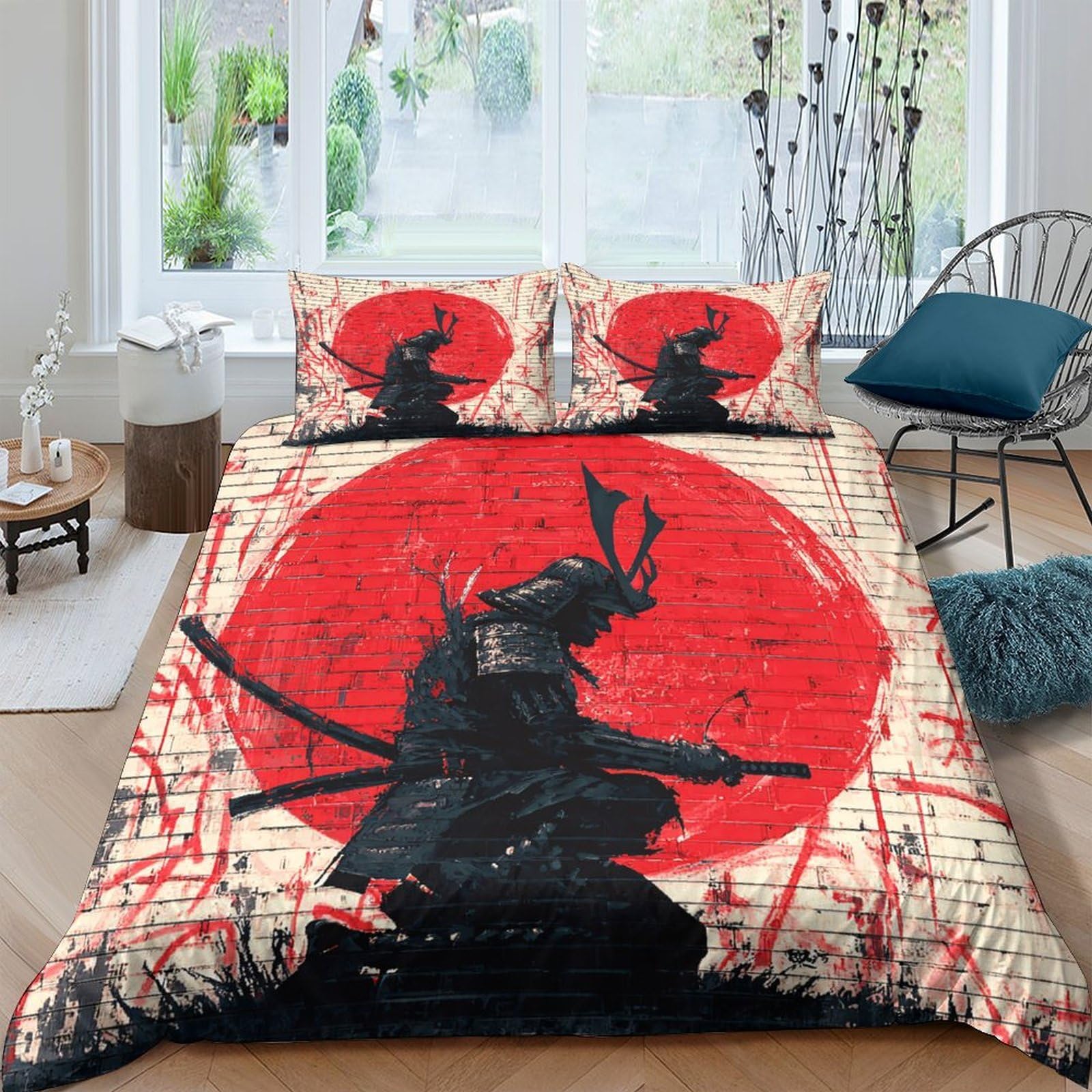 Ctjqhvkz Style-2 3D Printed Samurai Red Sun Fitted Sheet Microfiber Soft Breathable Japanese Warrior Bed Cover For Bedroom Decor Single（135X200cm）