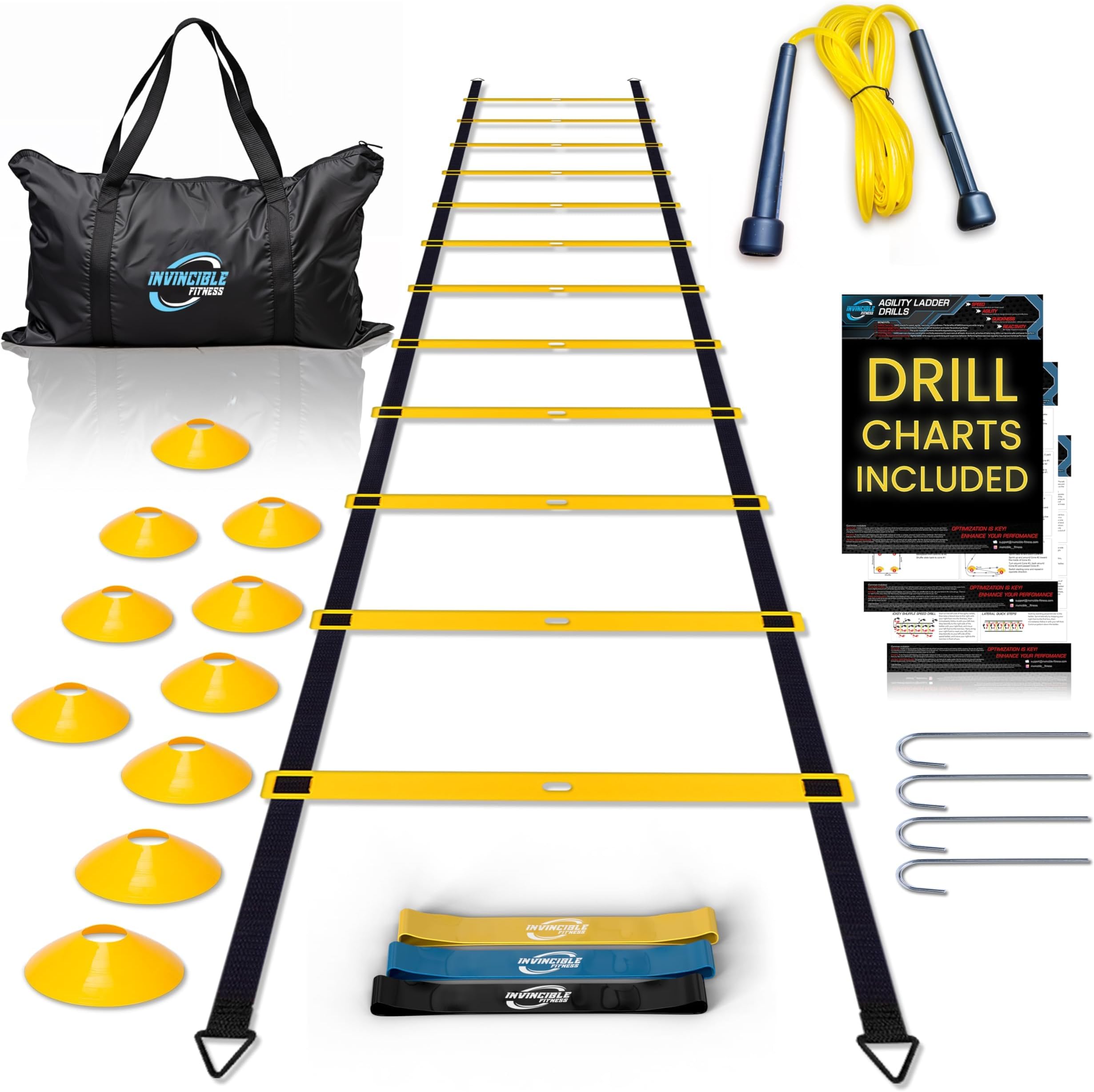 Invincible Fitness Agility Ladder Set - Enhance Speed, Coordination and Strength for Soccer and Ground Footwork Workouts, Includes 10 Cones, 3 Resistance Bands and Jump Rope