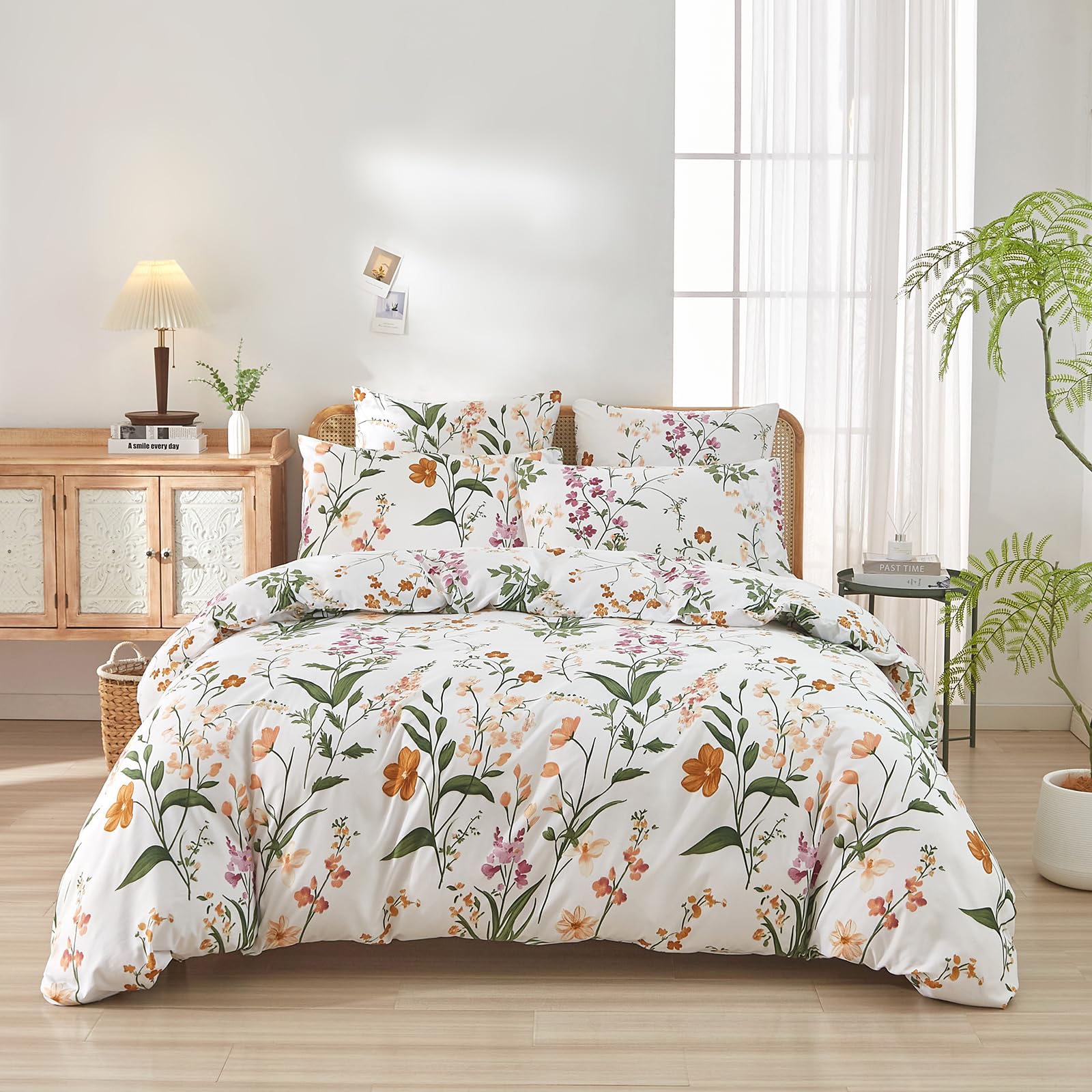 Parure de lit 135x200 cm Boqingzhu avec housse de couette fleurie en microfibre blanche