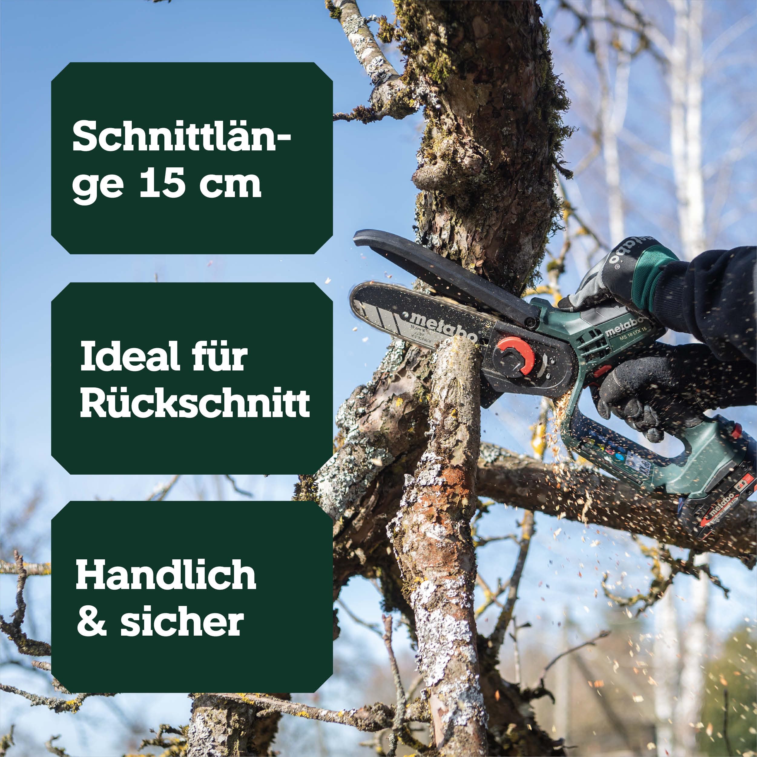metabo Akku-Gehölzsäge MS 18 LTX 15-18V, 15 cm Schwertlänge - Ideal für Baumschnitt und Grünschnitt, hohe Kettengeschwindigkeit - Leicht und handlich - Inkl. metaBOX