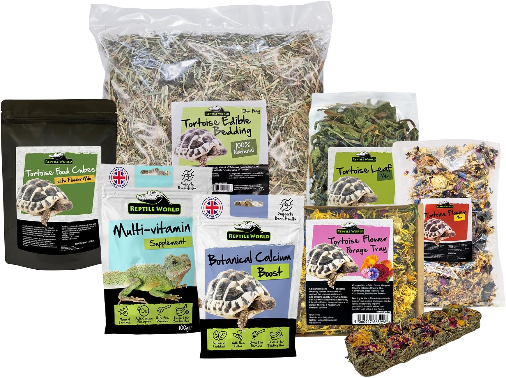 Tortoise Food Kit, Tortoise Food & Supplement Care Kit | Supplements & Treats Bundle for Tortoises | Bedding, Flowers, Leaves