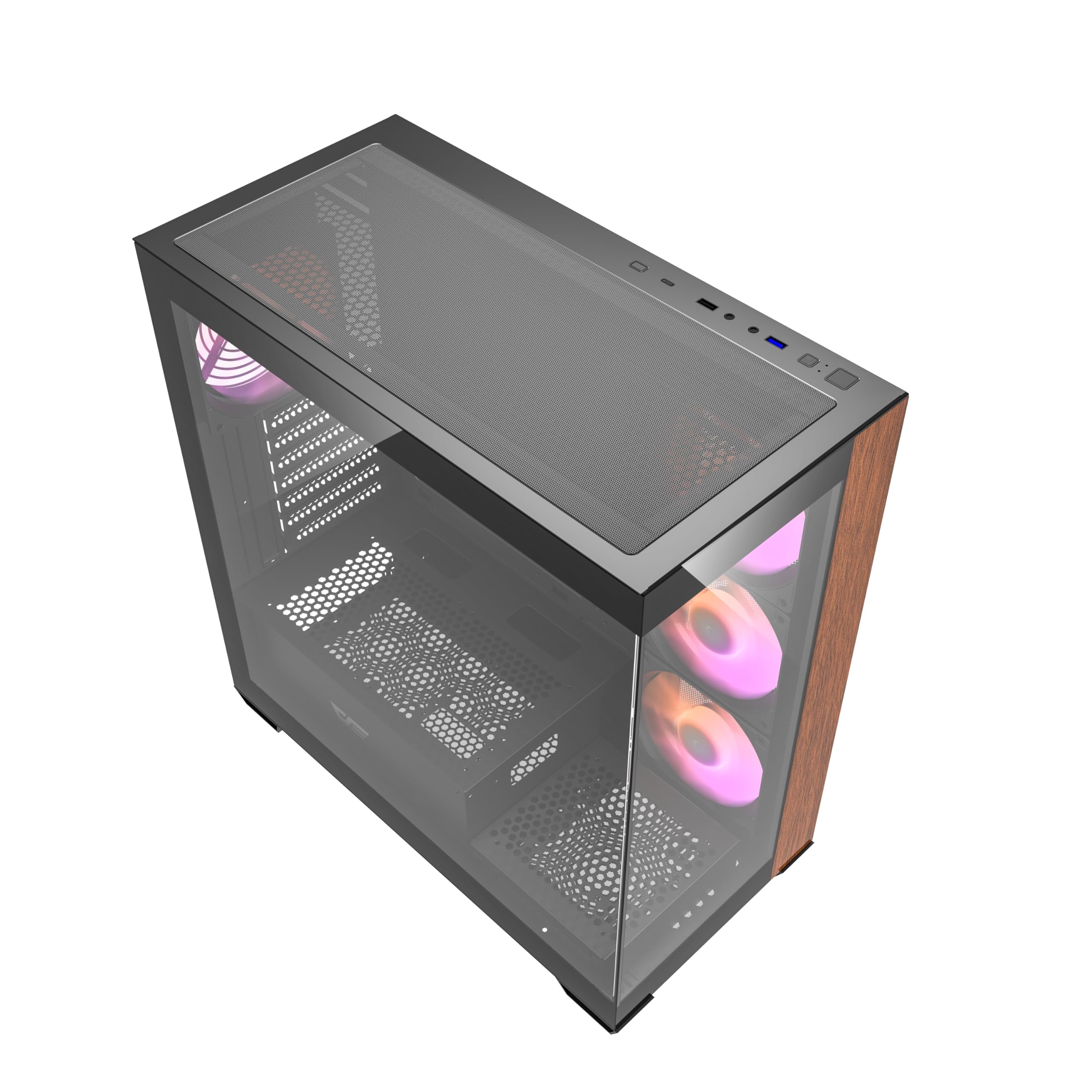 DarkFlash DS900W Caja PC Gaming ATX Cristal Templado Diseño Madera | Panel Lateral y Frontal Cristal Templado, 4 Ventiladores ARGB, USB-C