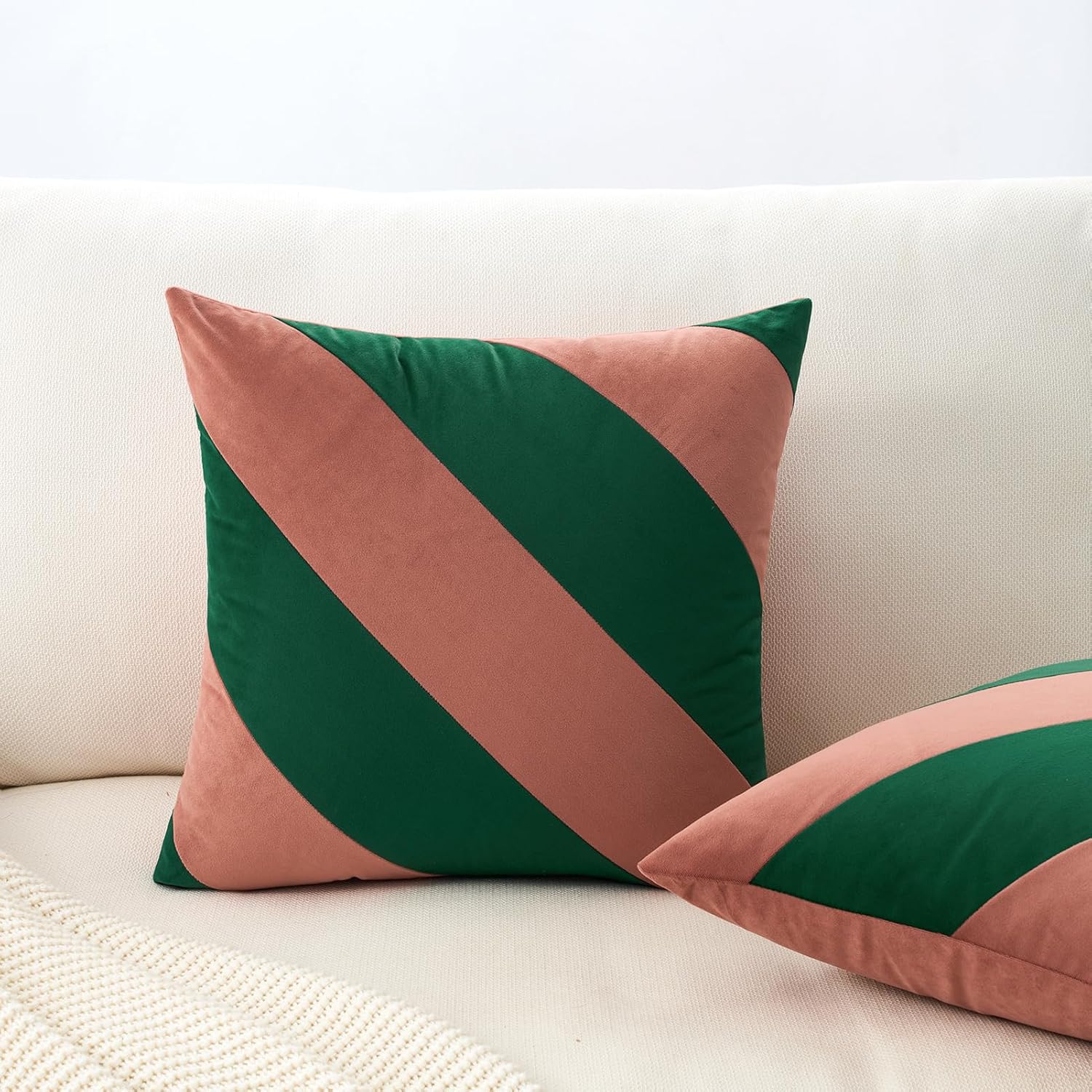 MONDAY MOOSE Decorative Throw Pillow Covers Cushion Cases, Set of 2 Soft Velvet Diagonal Striped Designs, Pillow Inserts Not Included (18x18 inch, Pink/Green)