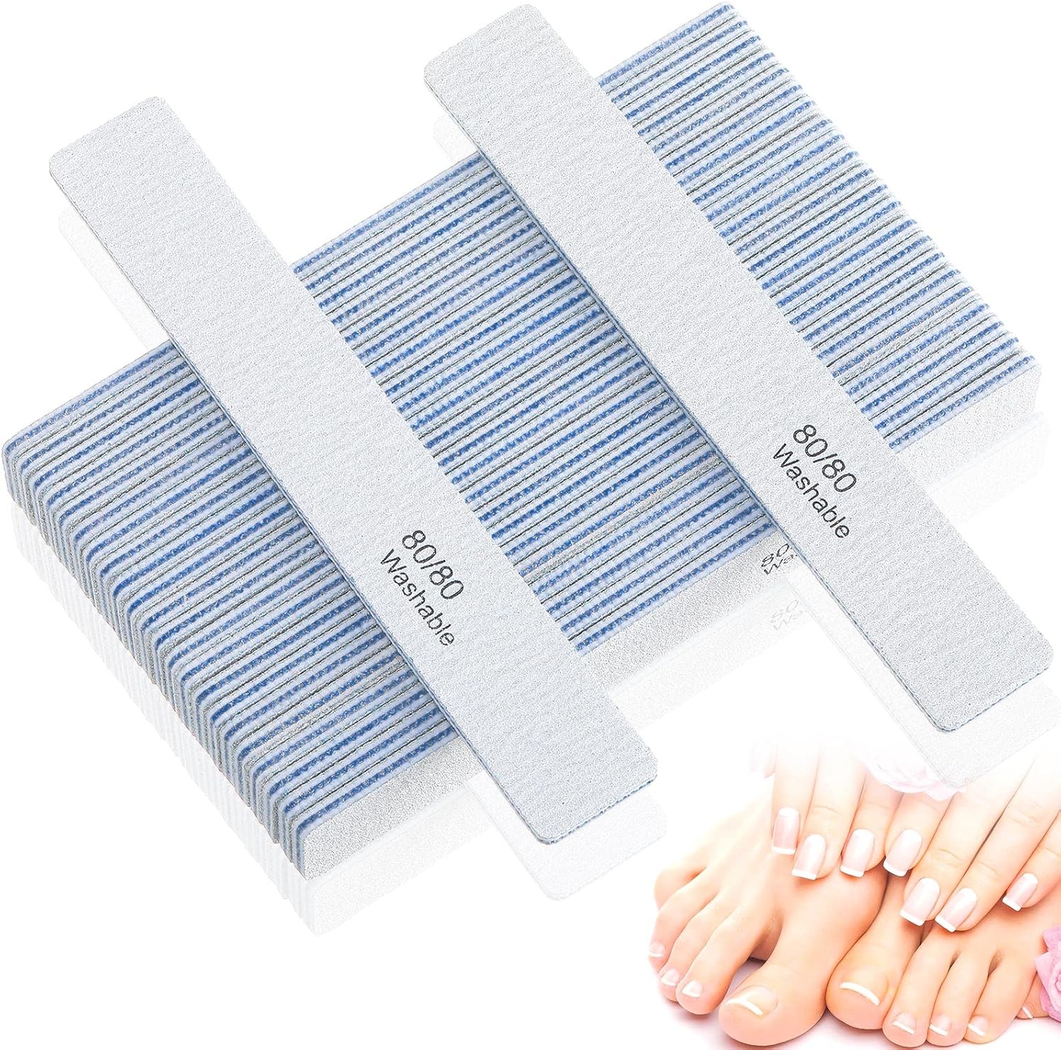 150 Pcs Rectangle Nail File 80/80 Grit Professional Emery Board Bulk Washable Double Sided Nail Buffer Reusable Buffering Manicure Tools for Nail Tech Acrylic Nails Fake Nails