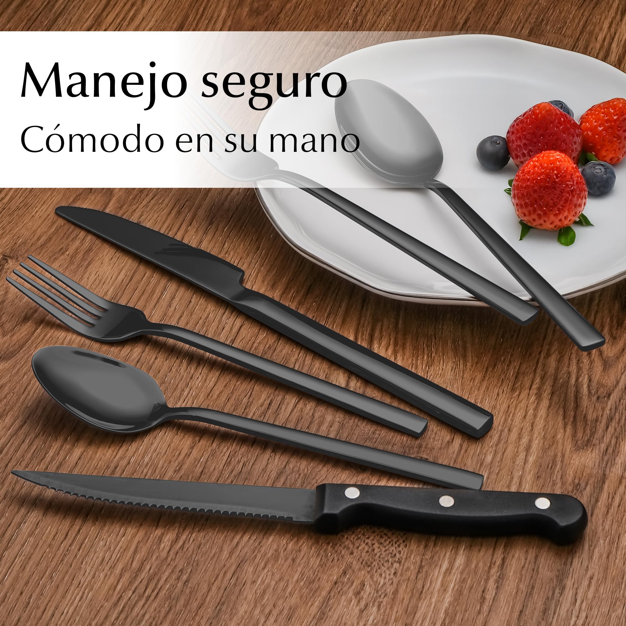 MIAMIO – Juego de Cubiertos de Acero Inoxidable para 6 Personas/Set de 36 Piezas – Incluye Cuchillos, Tenedores, Cucharas – Apto para Lavavajillas (Negro, Juego de 36)