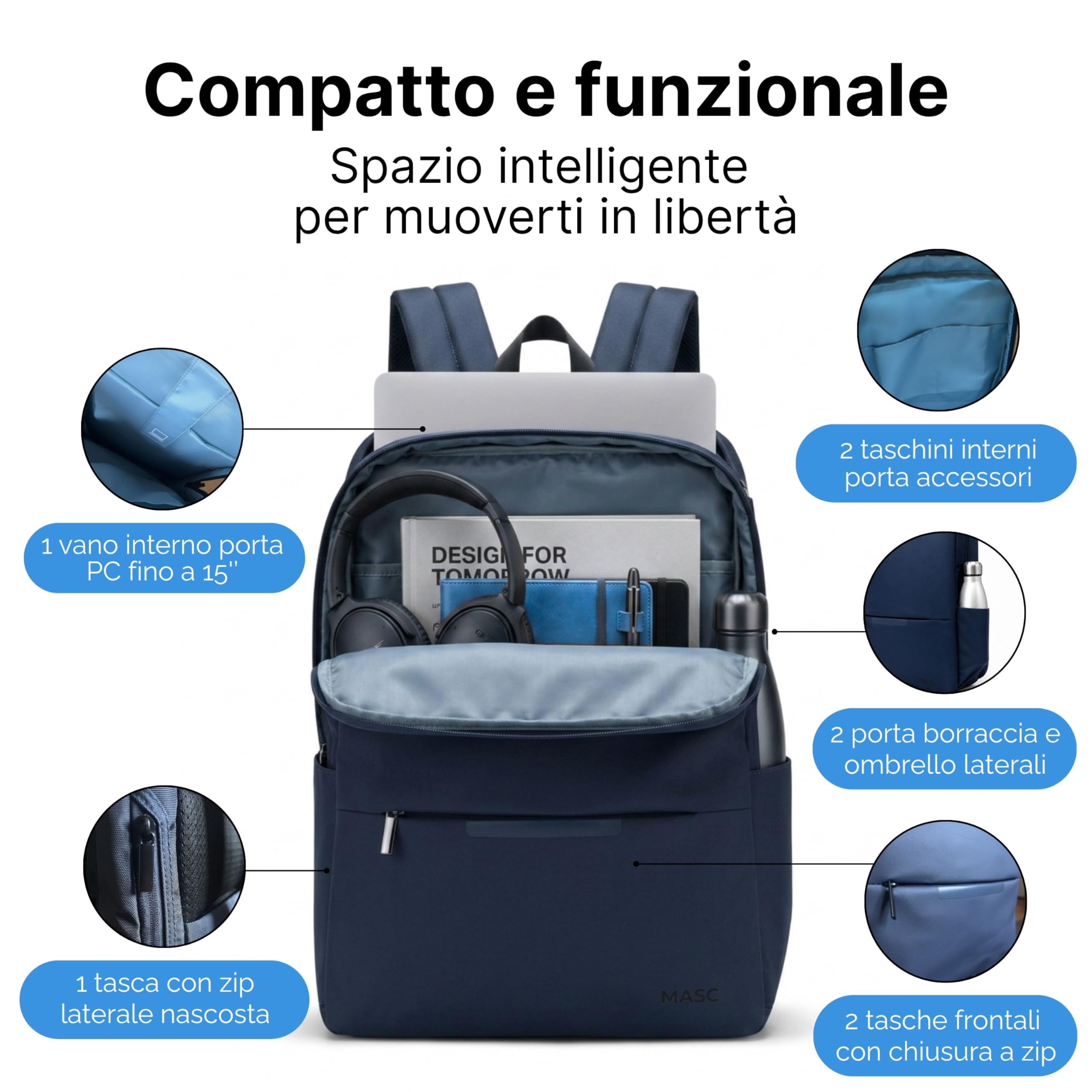 MASC Zaino Porta PC da Lavoro, Ideale per l’Ufficio è uno Zaino Elegante Business, Impermeabile e Professionale