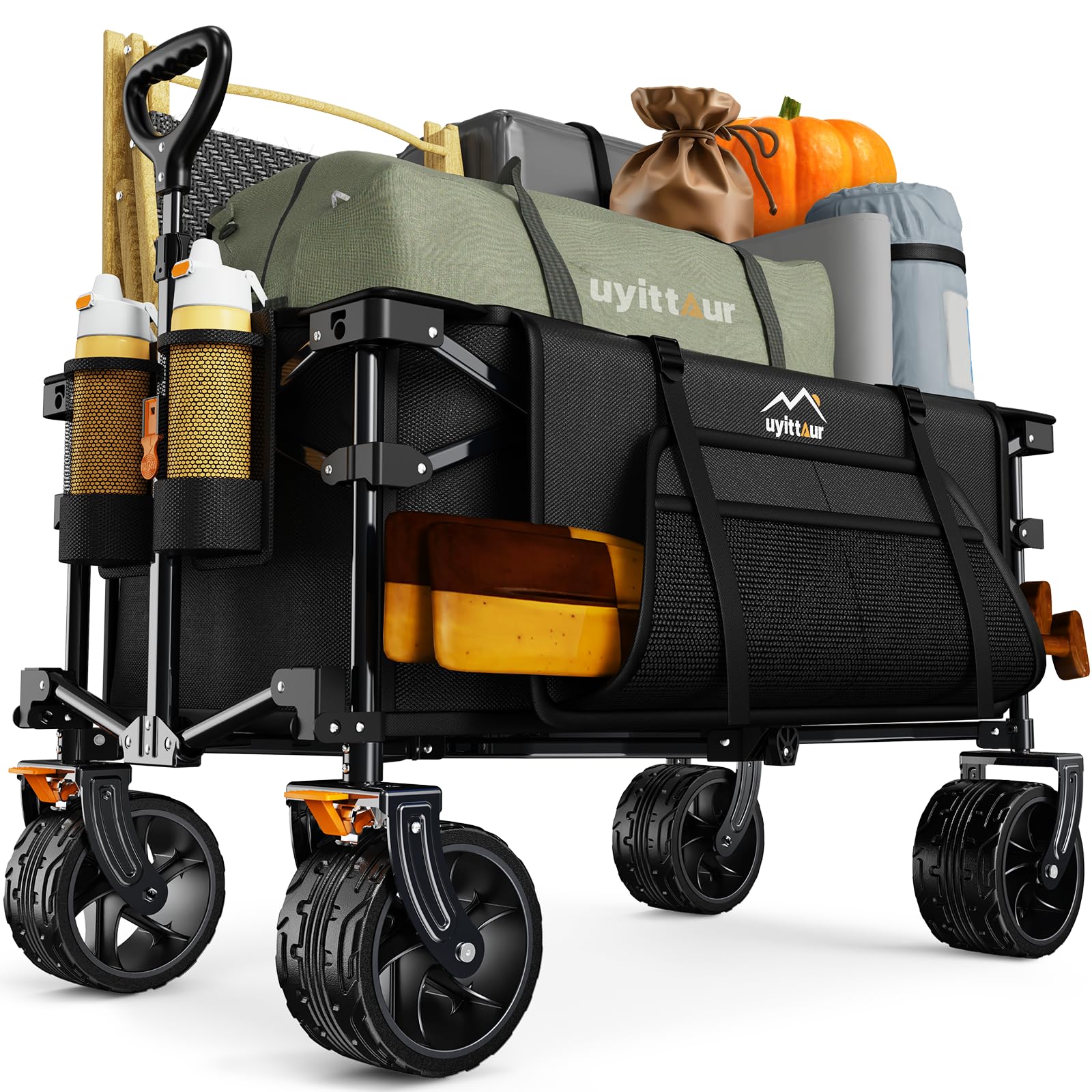 Collapsible Wagon Cart Heavy Duty Foldable, Folding Beach Wagon with Big Wheels for Sand, Utility Grocery Cart with Side Pocket and Brakes for Camping Sports Outdoor Activities, Black