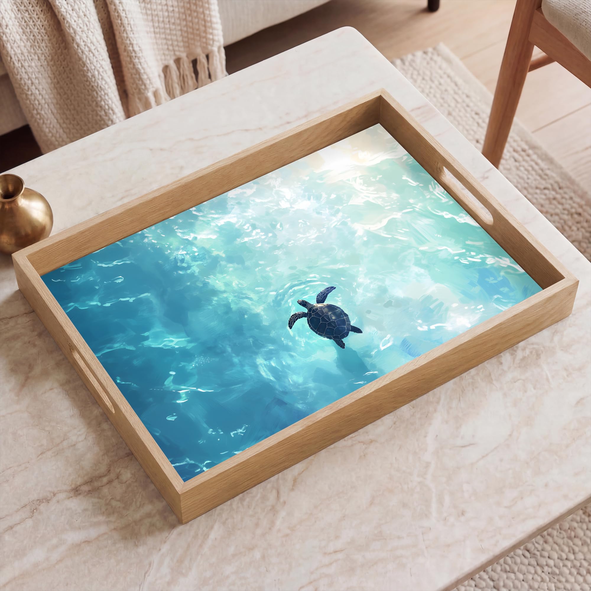Holztablett Rechteckig 50x35 cm Küchentablett Servier Tablett Eiche Serviertablett Holz Servierplatte Mit Henkel Tray Kaffeetablett Schildkröte - Meer - Blau - Glitzern