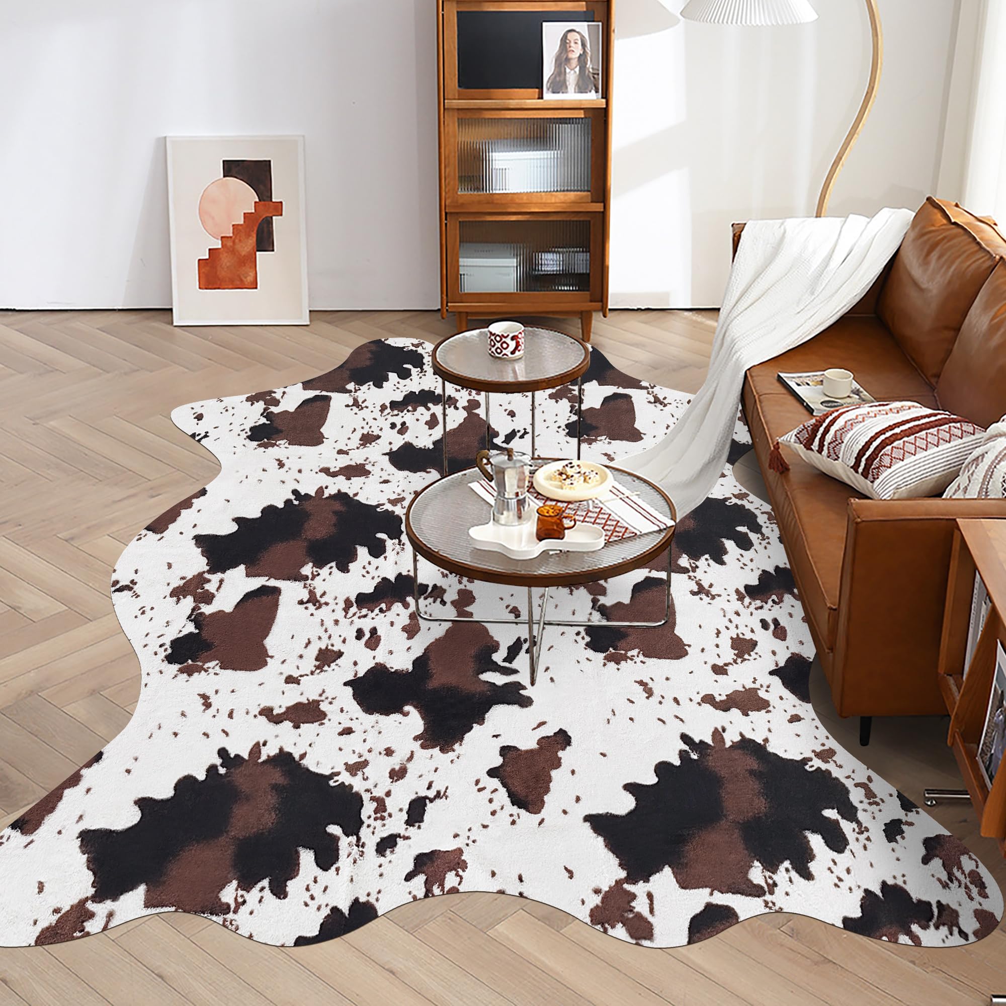 Fixseed Faux Cowhide Rug for Bedroom Living Room 4.6 x 5.2 Feet Cute Non Slip Cow Print Rug Hide Skin Carpet for Western Home Decor