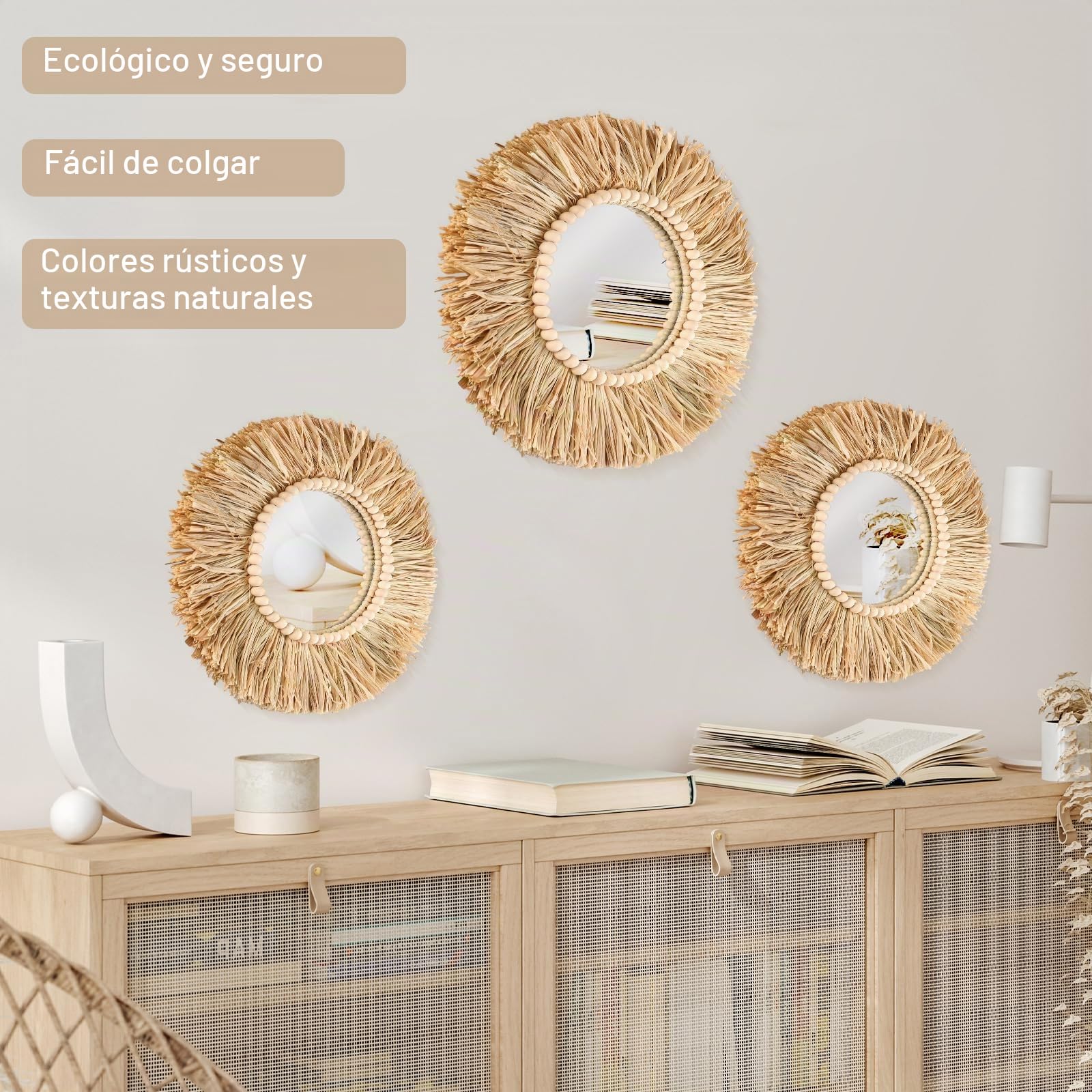 3 espejos de rafia bohemios para colgar en la pared, 15.8 pulgadas, 11.8 pulgadas, redondos, redondos, bohemios, con cuentas de madera, espejos estéticos para dormitorio, sala de estar, baño