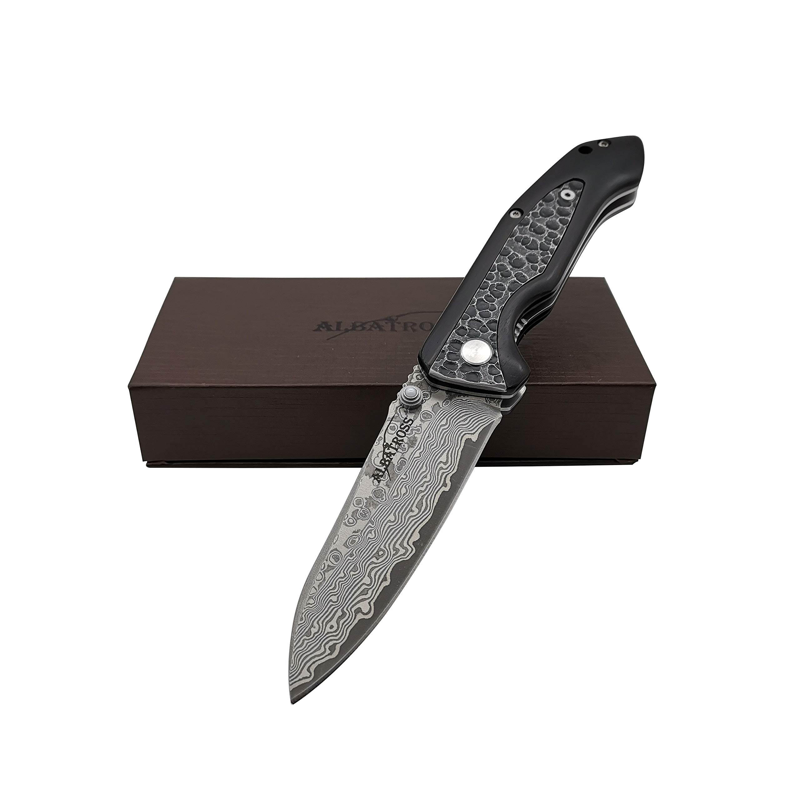 ALBATROSS Premium EDC Pocket Folding Knife with 3.5" Damascus Steel Blade & Ebony Wood Handle, Camping Hunting Knife with Clip, Gift for Men - HGDK011