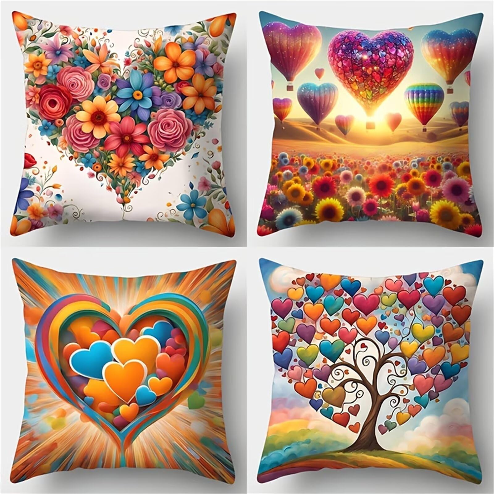 Fundas de Cojines 50x50 cm, Juego de 4 Fundas para Cojines Decorativas de Lino, Globos Flores, Fundas de Almohada para Sofá, Silla y Decoración de Interiores
